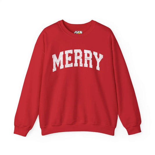 MERRY Sweatshirt | White Logo. Apparel Color: Red. A blend of 50% cotton and 50% polyester for cozy durability. With an Elastic ribbed collar, and Double-needle stitching.