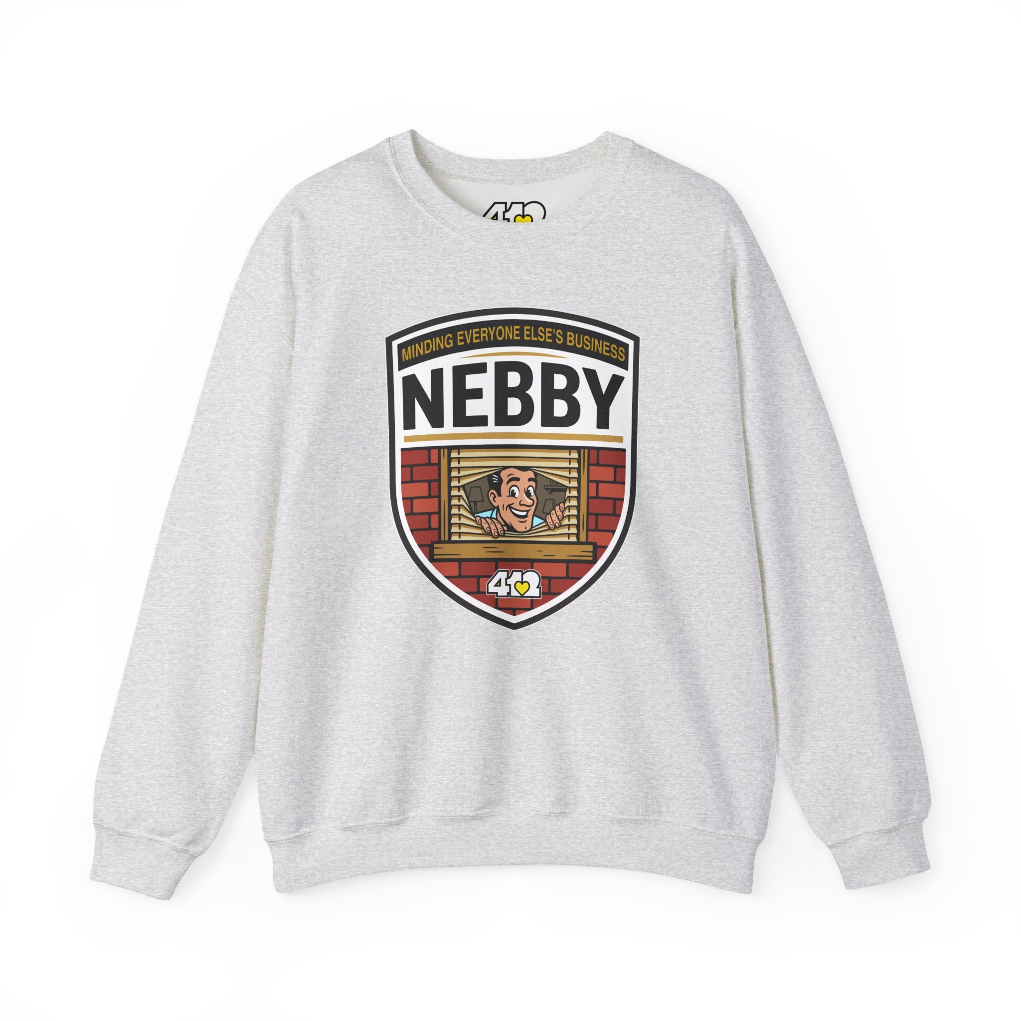 NEBBY Crewneck. Apparel Color: Ash. A blend of 50% cotton and 50% polyester for cozy durability. With an Elastic ribbed collar, and Double-needle stitching.