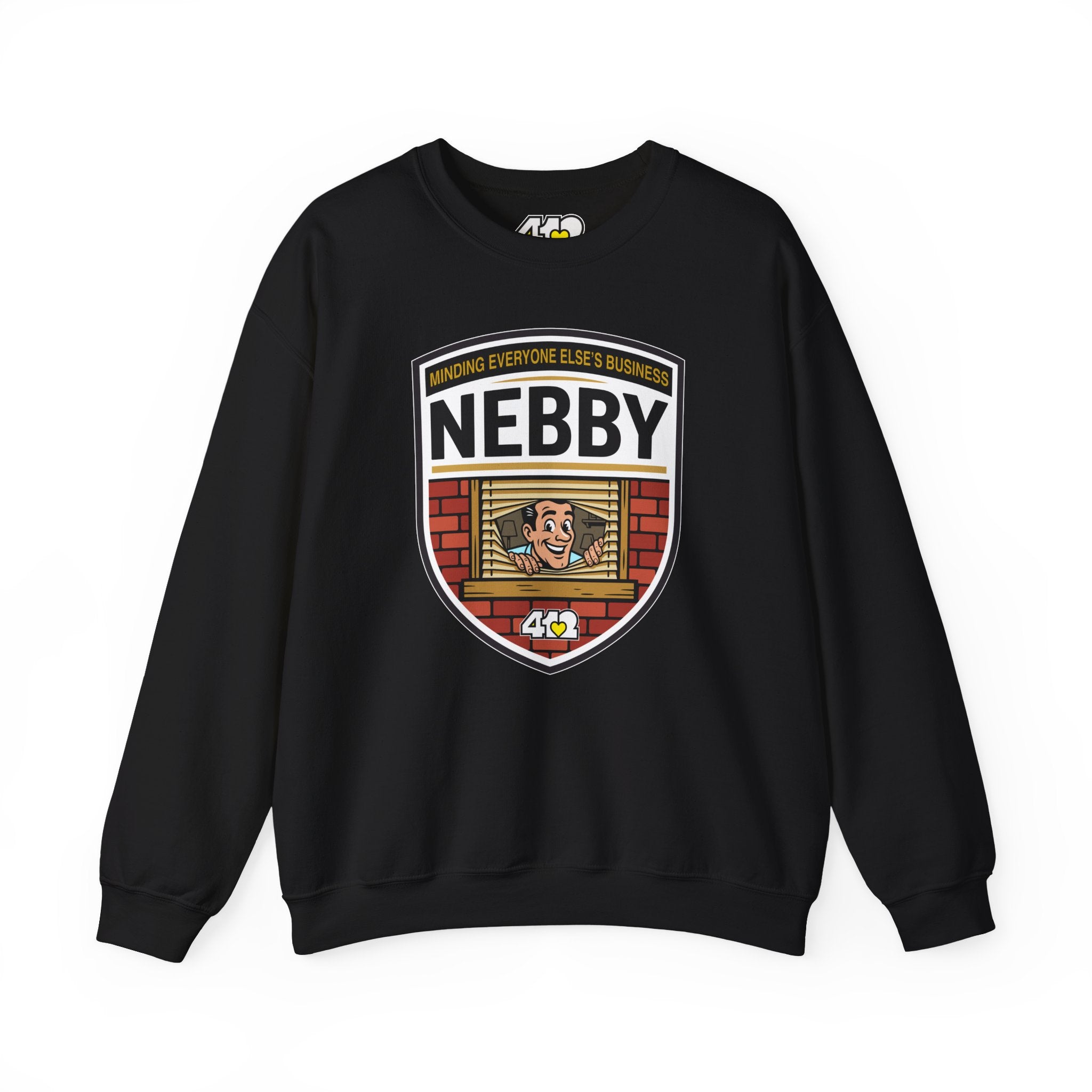 NEBBY Crewneck. Apparel Color: Black. A blend of 50% cotton and 50% polyester for cozy durability. With an Elastic ribbed collar, and Double-needle stitching.