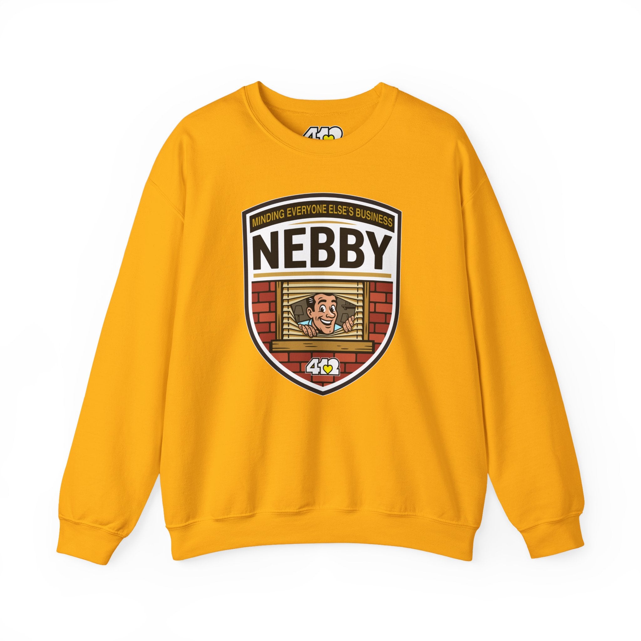 NEBBY Crewneck. Apparel Color: Gold. A blend of 50% cotton and 50% polyester for cozy durability. With an Elastic ribbed collar, and Double-needle stitching.