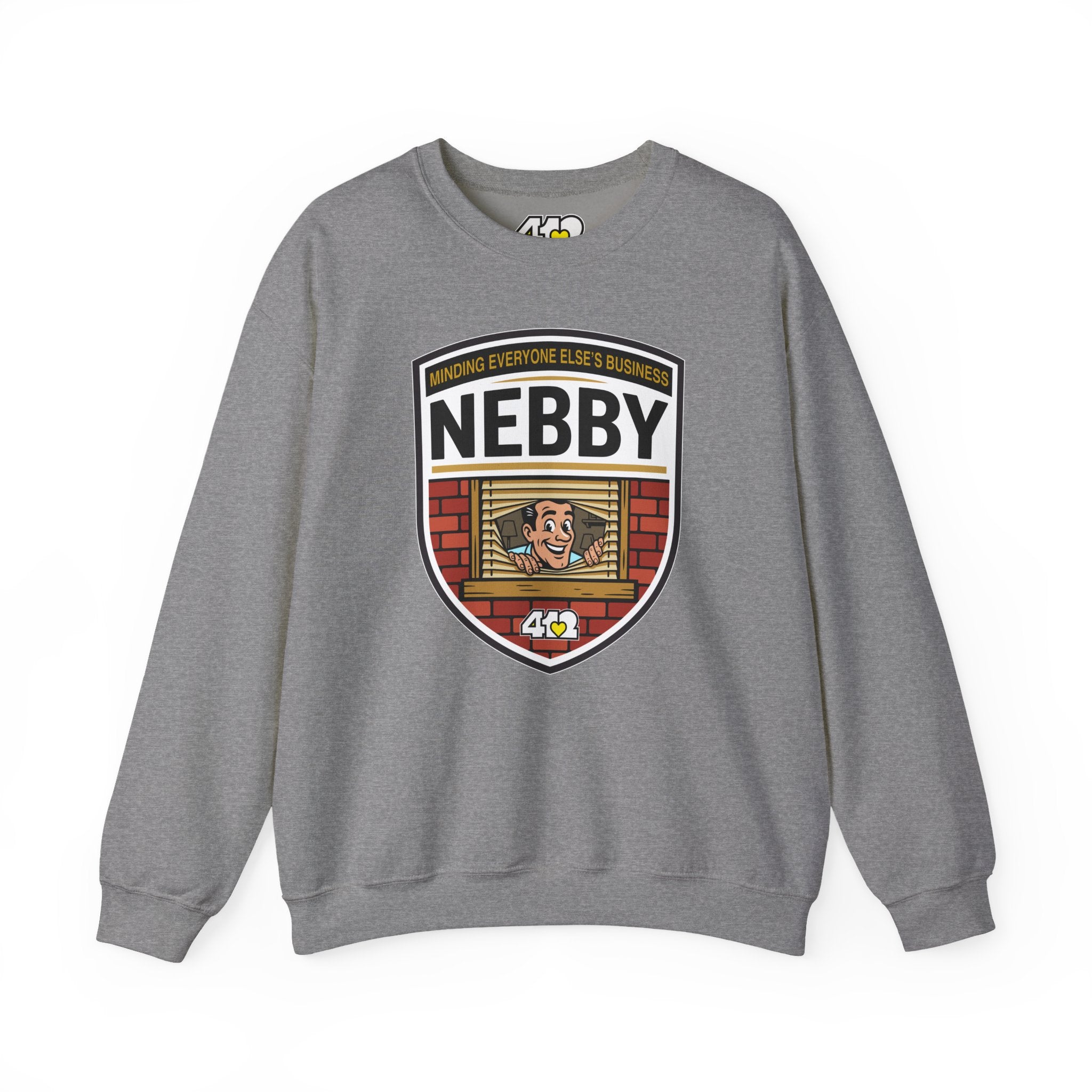 NEBBY Crewneck. Apparel Color: Graphite Heather. A blend of 50% cotton and 50% polyester for cozy durability. With an Elastic ribbed collar, and Double-needle stitching.