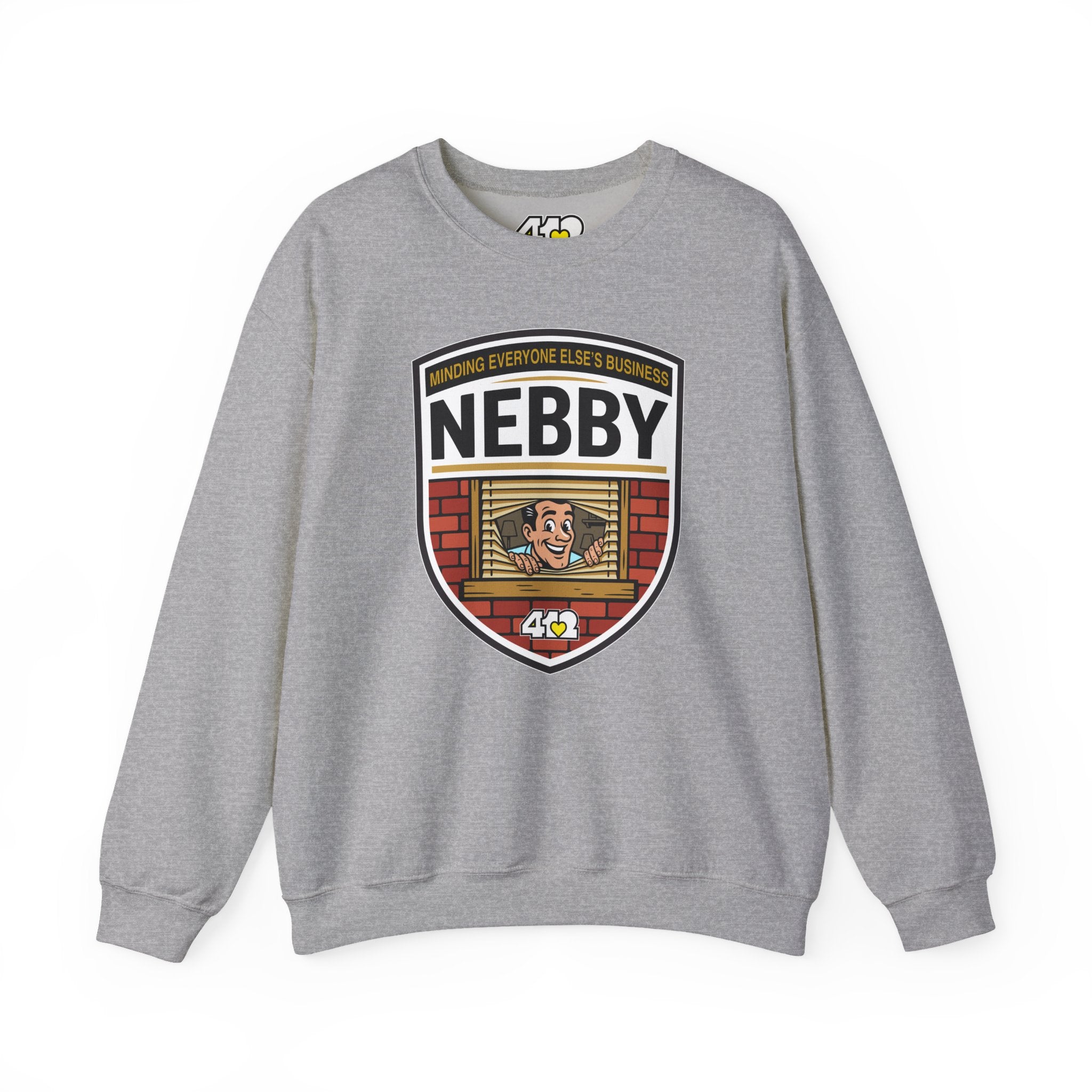 NEBBY Crewneck. Apparel Color: Sport Grey. A blend of 50% cotton and 50% polyester for cozy durability. With an Elastic ribbed collar, and Double-needle stitching.