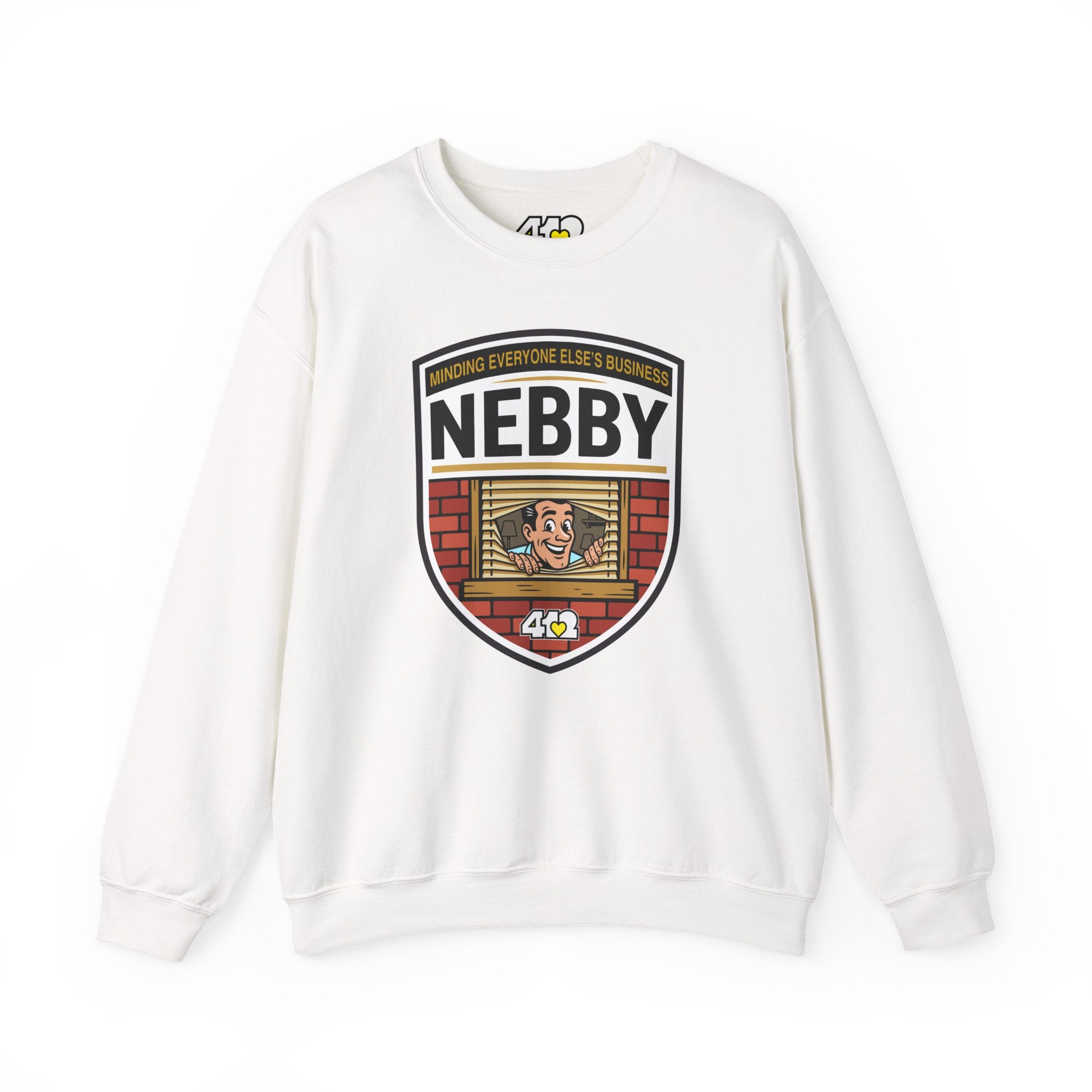 NEBBY Crewneck. Apparel Color: White. A blend of 50% cotton and 50% polyester for cozy durability. With an Elastic ribbed collar, and Double-needle stitching.