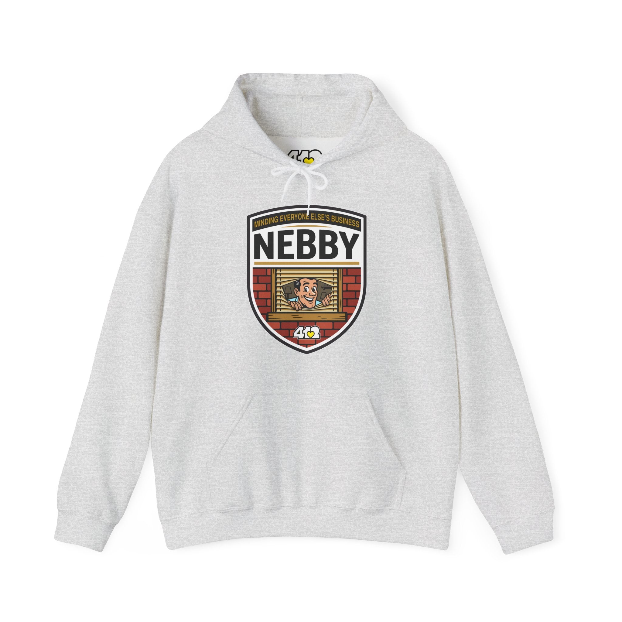 NEBBY Hoodie. Apparel Color: Ash. 50/50 cotton-poly blend, cozy fit, kangaroo pocket, adjustable drawstring hood.