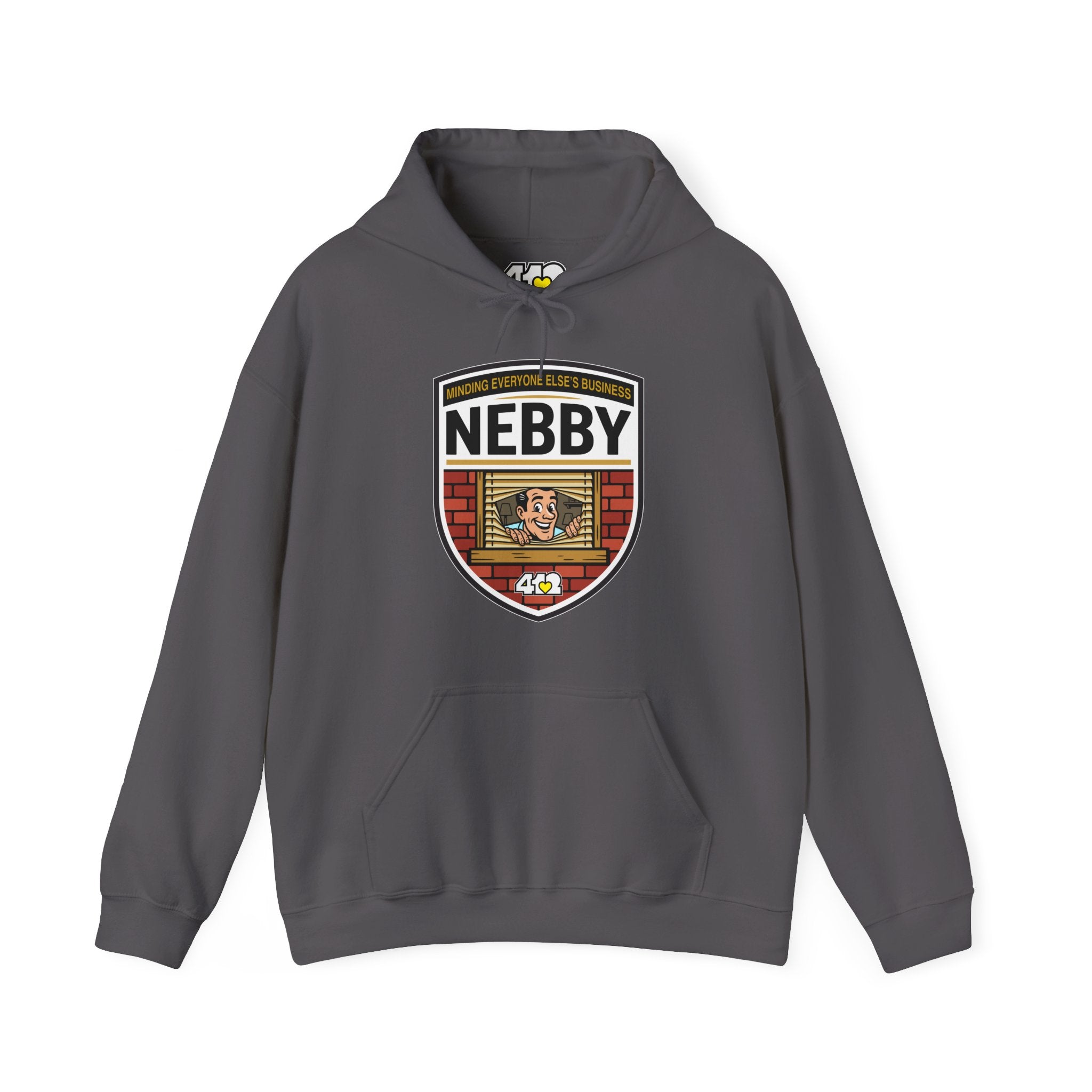 NEBBY Hoodie. Apparel Color: Charcoal. 50/50 cotton-poly blend, cozy fit, kangaroo pocket, adjustable drawstring hood.
