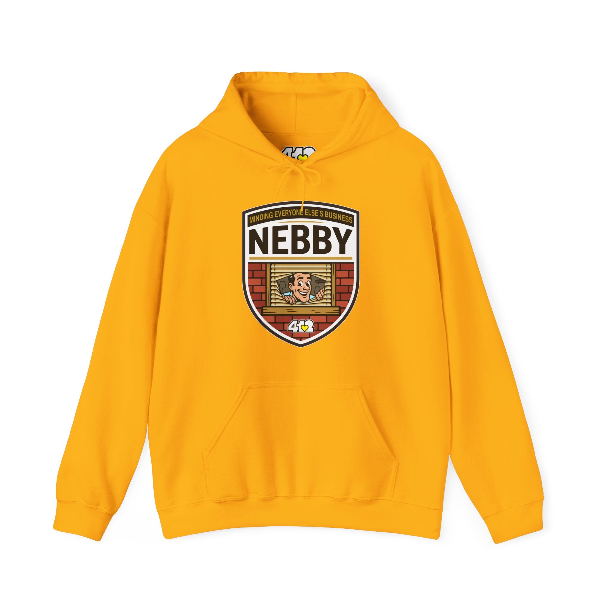 NEBBY Hoodie. Apparel Color: Gold. 50/50 cotton-poly blend, cozy fit, kangaroo pocket, adjustable drawstring hood.