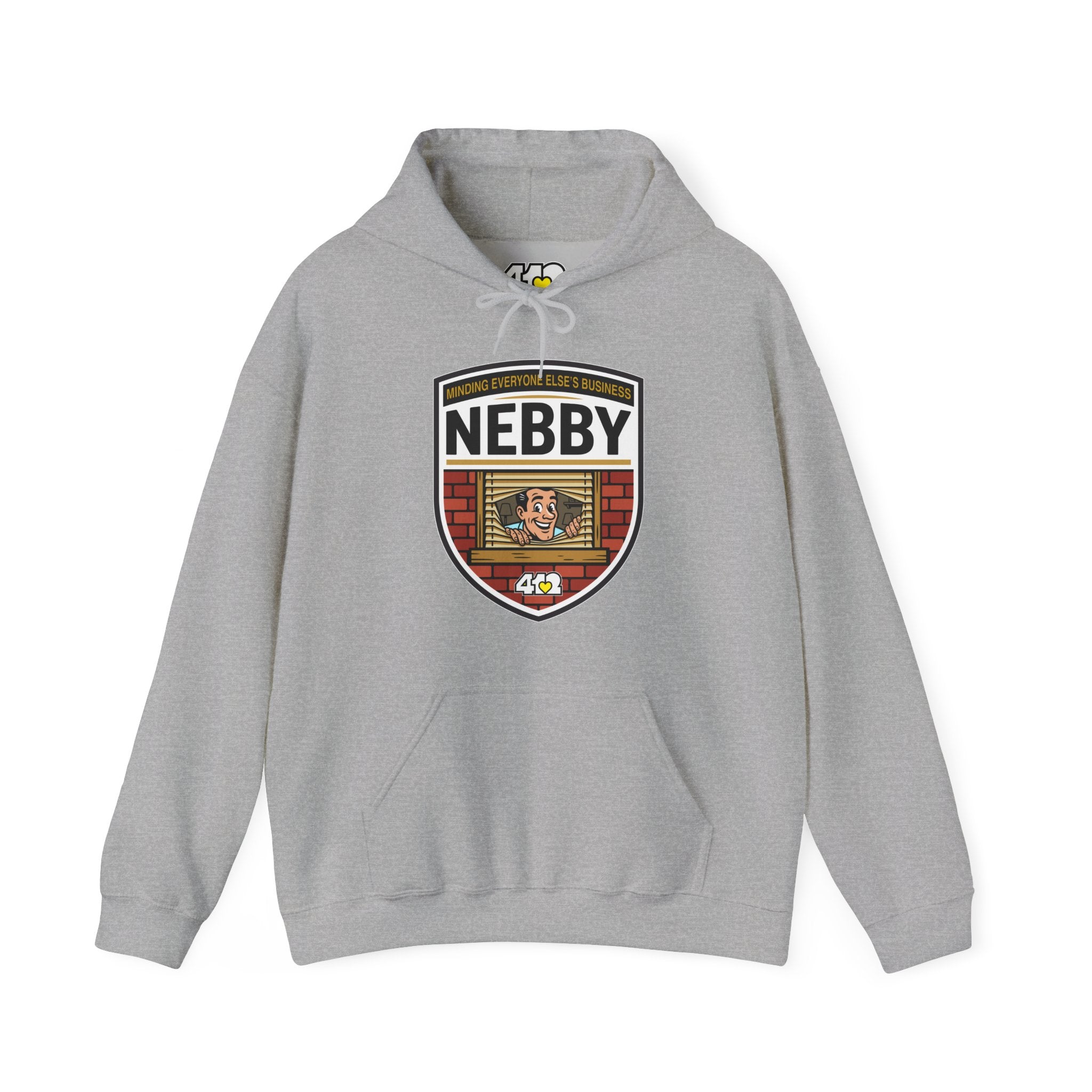 NEBBY Hoodie. Apparel Color: Sport Grey. 50/50 cotton-poly blend, cozy fit, kangaroo pocket, adjustable drawstring hood.