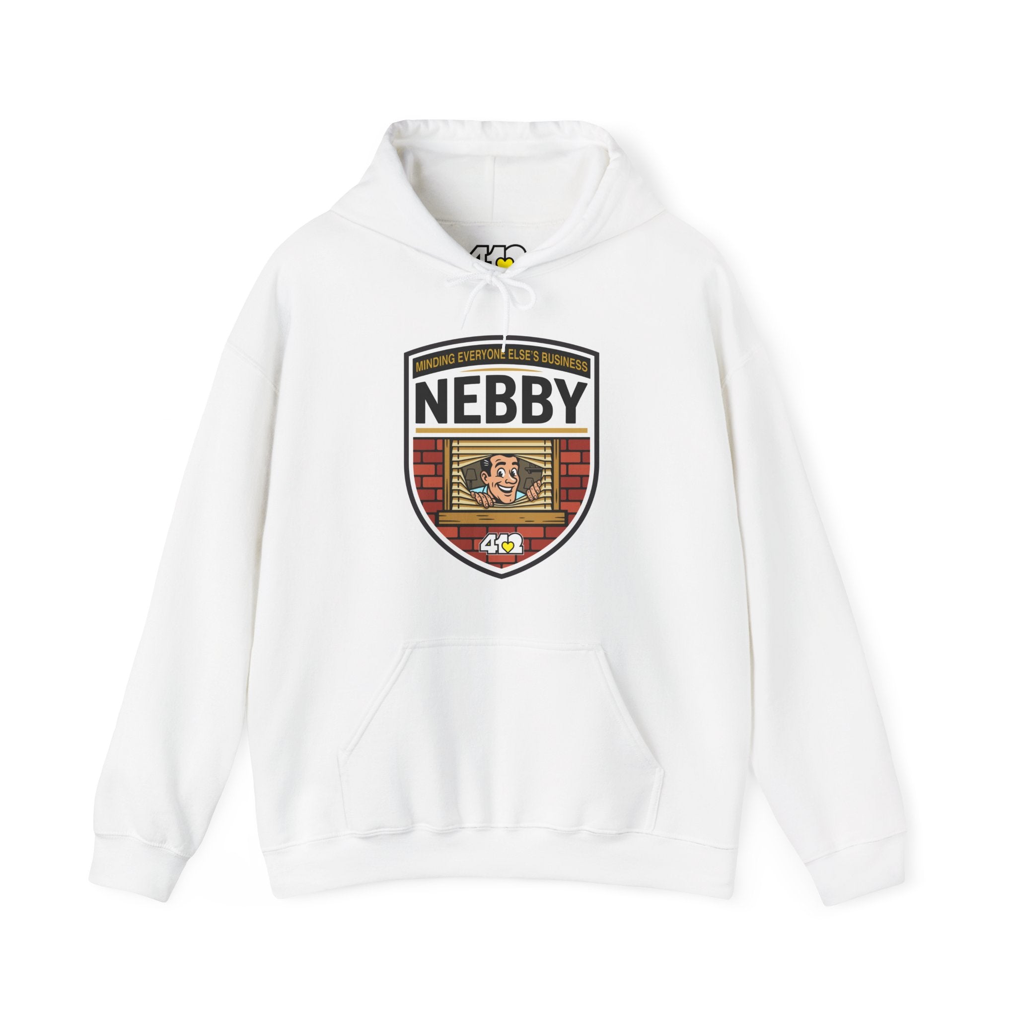 NEBBY Hoodie. Apparel Color: White. 50/50 cotton-poly blend, cozy fit, kangaroo pocket, adjustable drawstring hood.