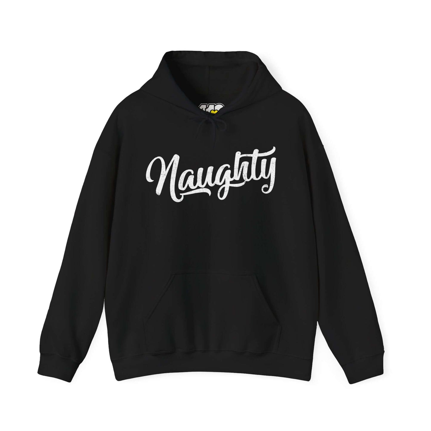 Naughty Hoodie | Distressed White Logo. Apparel Color: Black. 50/50 cotton-poly blend, cozy fit, kangaroo pocket, adjustable drawstring hood.