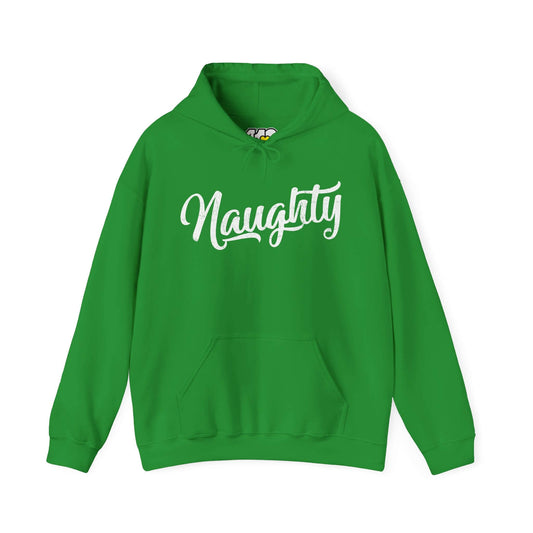 Naughty Hoodie | Distressed White Logo. Apparel Color: Irish Green. 50/50 cotton-poly blend, cozy fit, kangaroo pocket, adjustable drawstring hood.