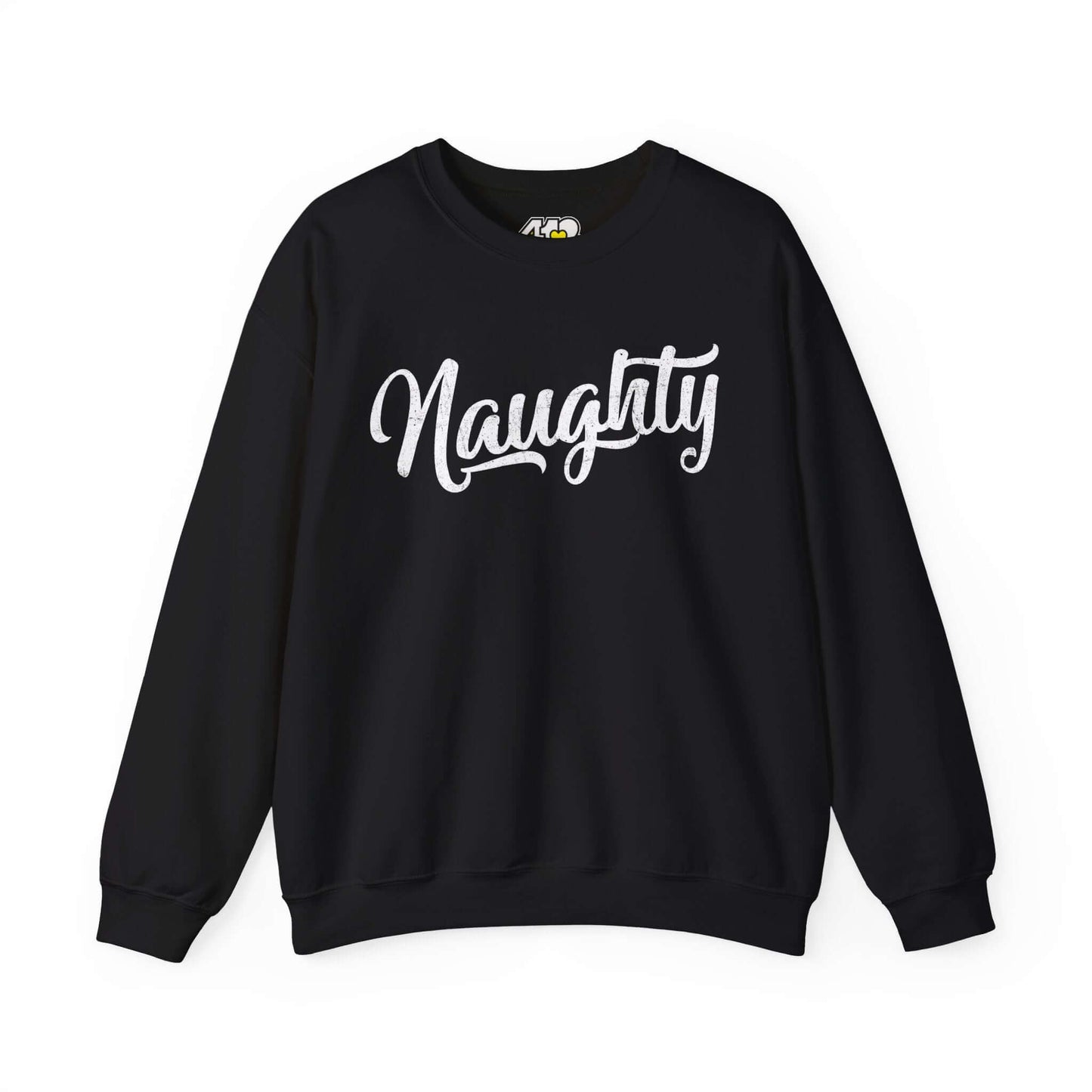 Naughty Sweatshirt | Distressed White Logo. Apparel Color: Black. A blend of 50% cotton and 50% polyester for cozy durability. With an Elastic ribbed collar, and Double-needle stitching.