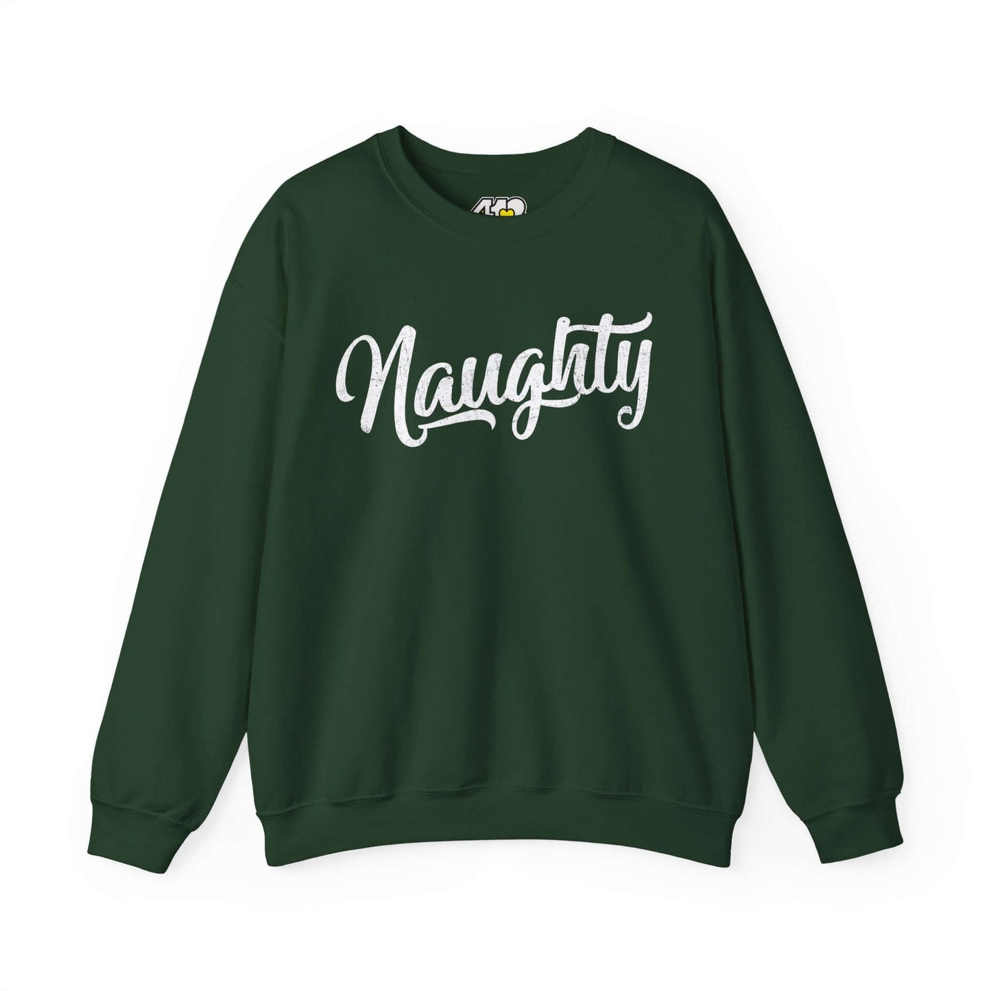 Naughty Sweatshirt | Distressed White Logo. Apparel Color: Forest Green. A blend of 50% cotton and 50% polyester for cozy durability. With an Elastic ribbed collar, and Double-needle stitching.