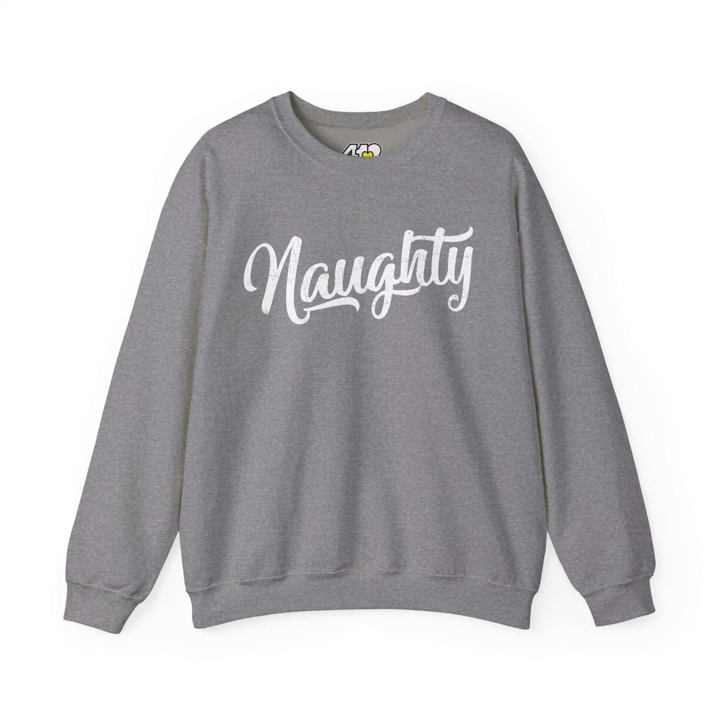 Naughty Sweatshirt | Distressed White Logo. Apparel Color: Graphite Heather. A blend of 50% cotton and 50% polyester for cozy durability. With an Elastic ribbed collar, and Double-needle stitching.