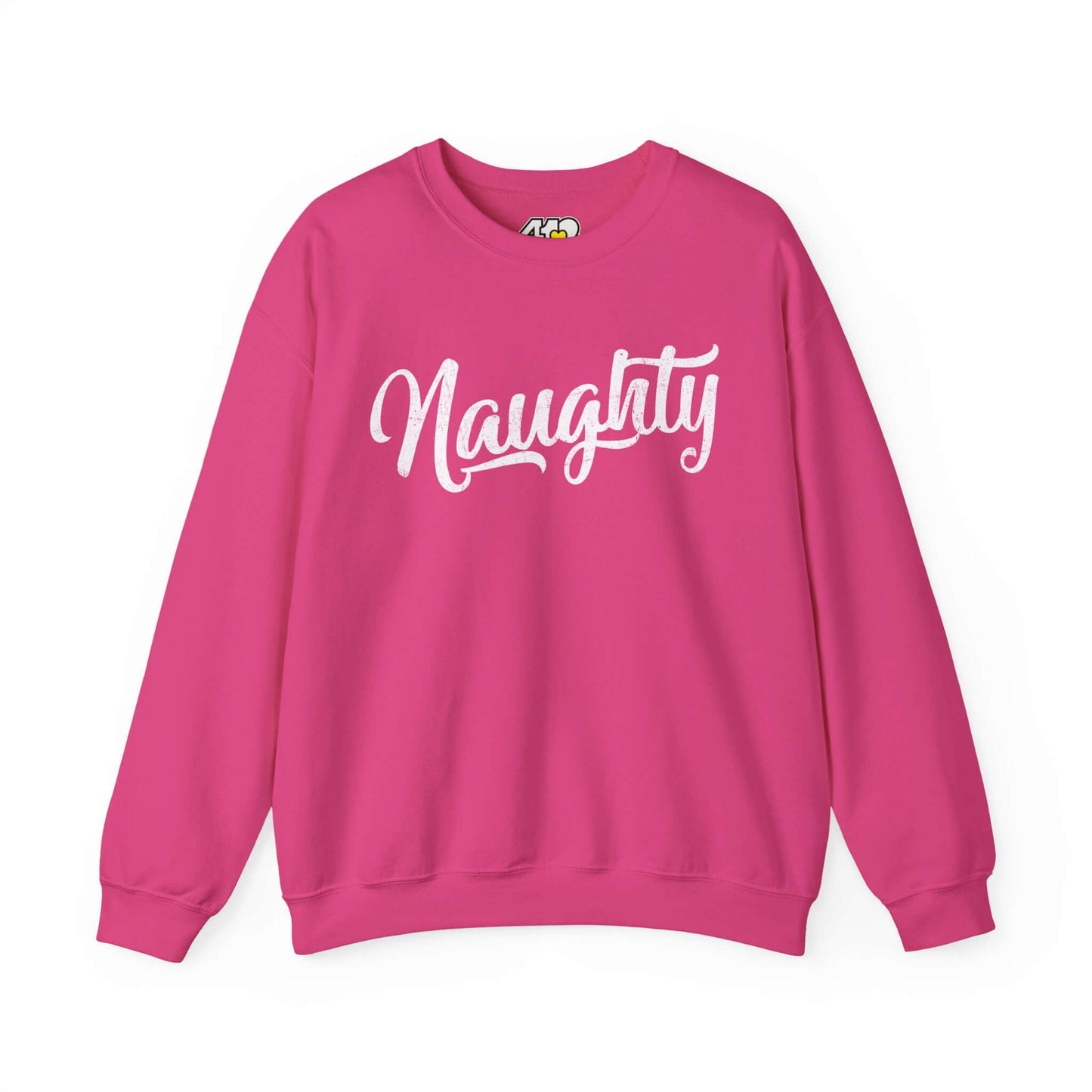 Naughty Sweatshirt | Distressed White Logo. Apparel Color: Heliconia. A blend of 50% cotton and 50% polyester for cozy durability. With an Elastic ribbed collar, and Double-needle stitching.