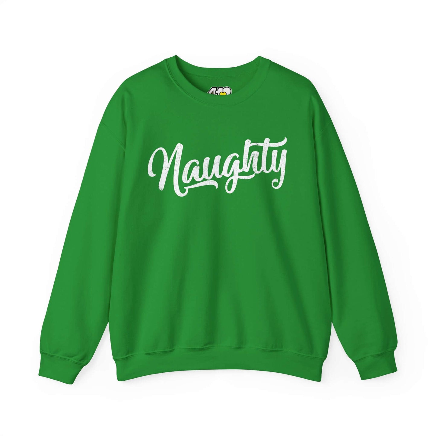 Naughty Sweatshirt | Distressed White Logo. Apparel Color: Irish Green. A blend of 50% cotton and 50% polyester for cozy durability. With an Elastic ribbed collar, and Double-needle stitching.