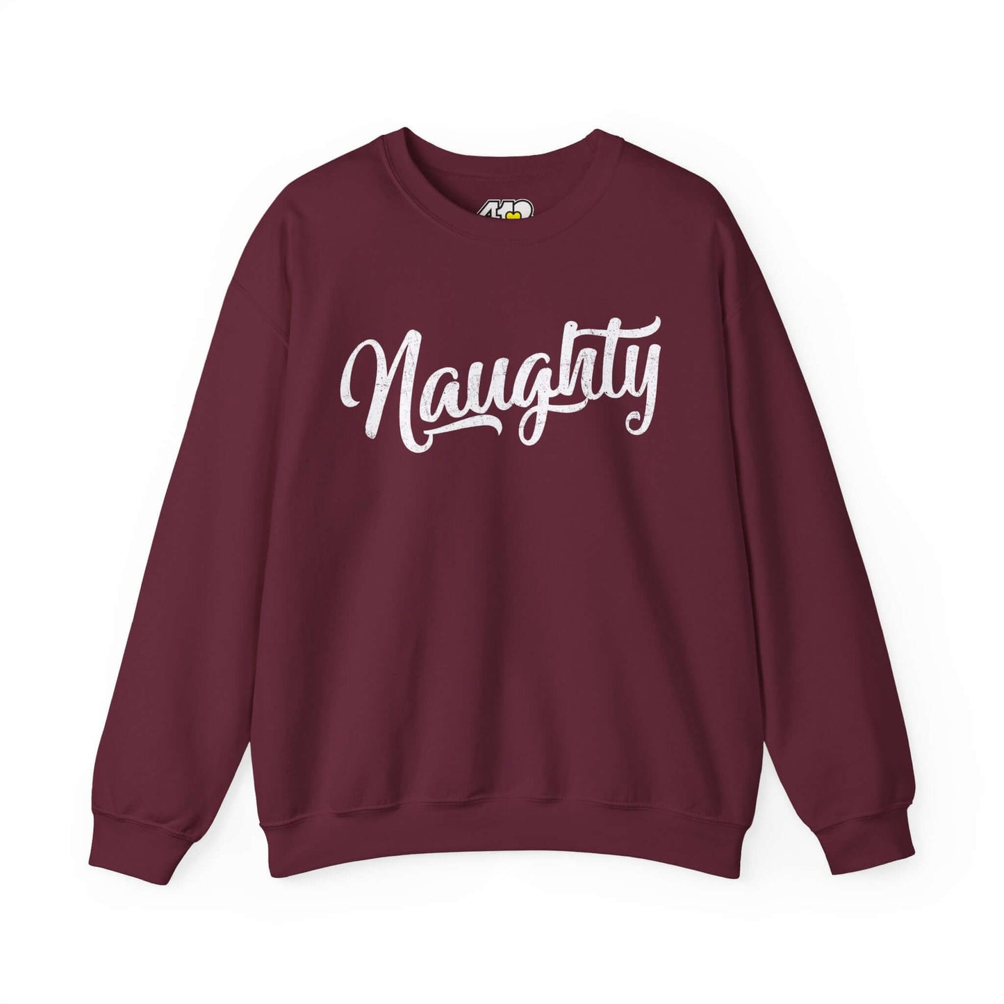 Naughty Sweatshirt | Distressed White Logo. Apparel Color: Maroon. A blend of 50% cotton and 50% polyester for cozy durability. With an Elastic ribbed collar, and Double-needle stitching.