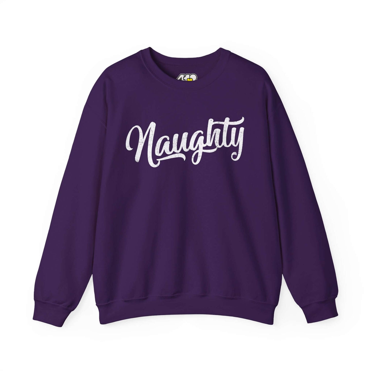 Naughty Sweatshirt | Distressed White Logo. Apparel Color: Purple. A blend of 50% cotton and 50% polyester for cozy durability. With an Elastic ribbed collar, and Double-needle stitching.
