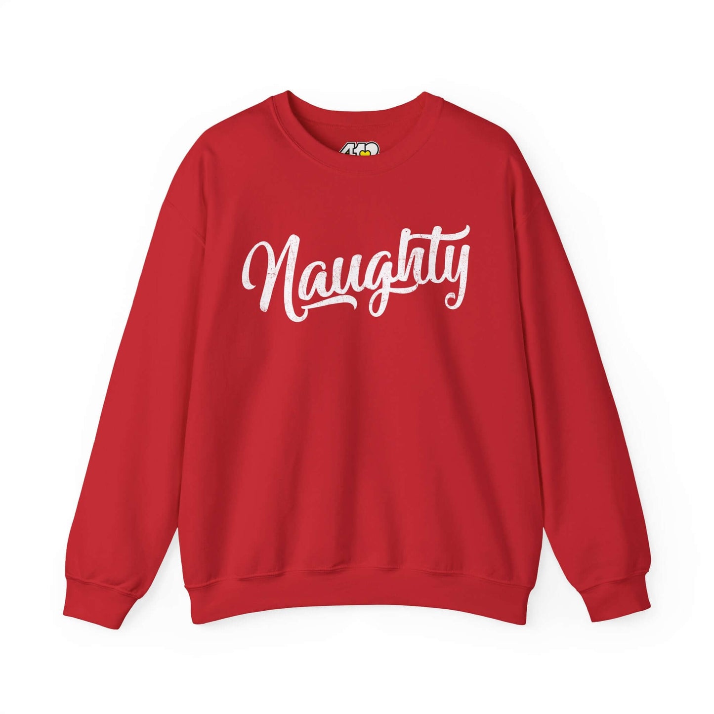 Naughty Sweatshirt | Distressed White Logo. Apparel Color: Red. A blend of 50% cotton and 50% polyester for cozy durability. With an Elastic ribbed collar, and Double-needle stitching.