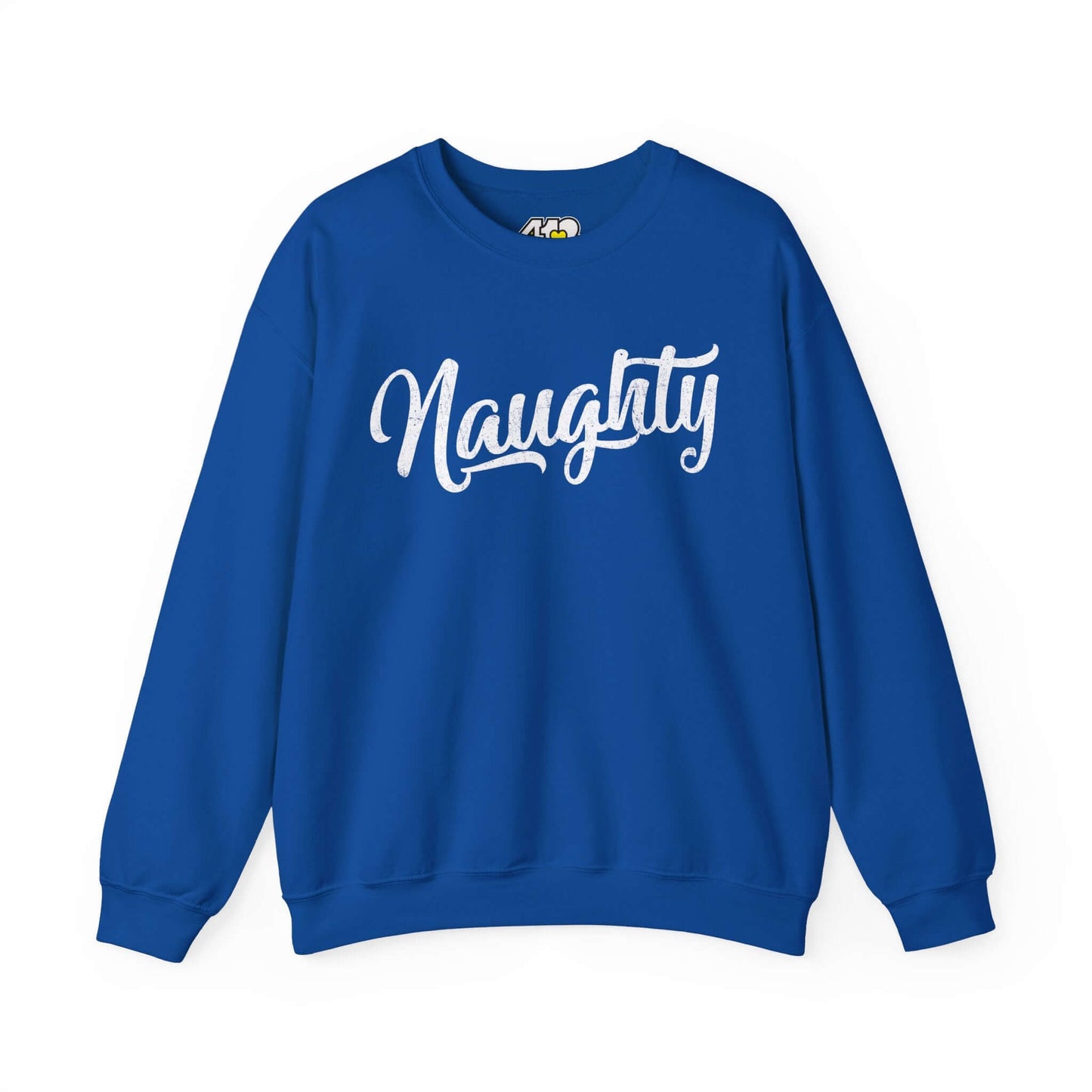 Naughty Sweatshirt | Distressed White Logo. Apparel Color: Royal. A blend of 50% cotton and 50% polyester for cozy durability. With an Elastic ribbed collar, and Double-needle stitching.