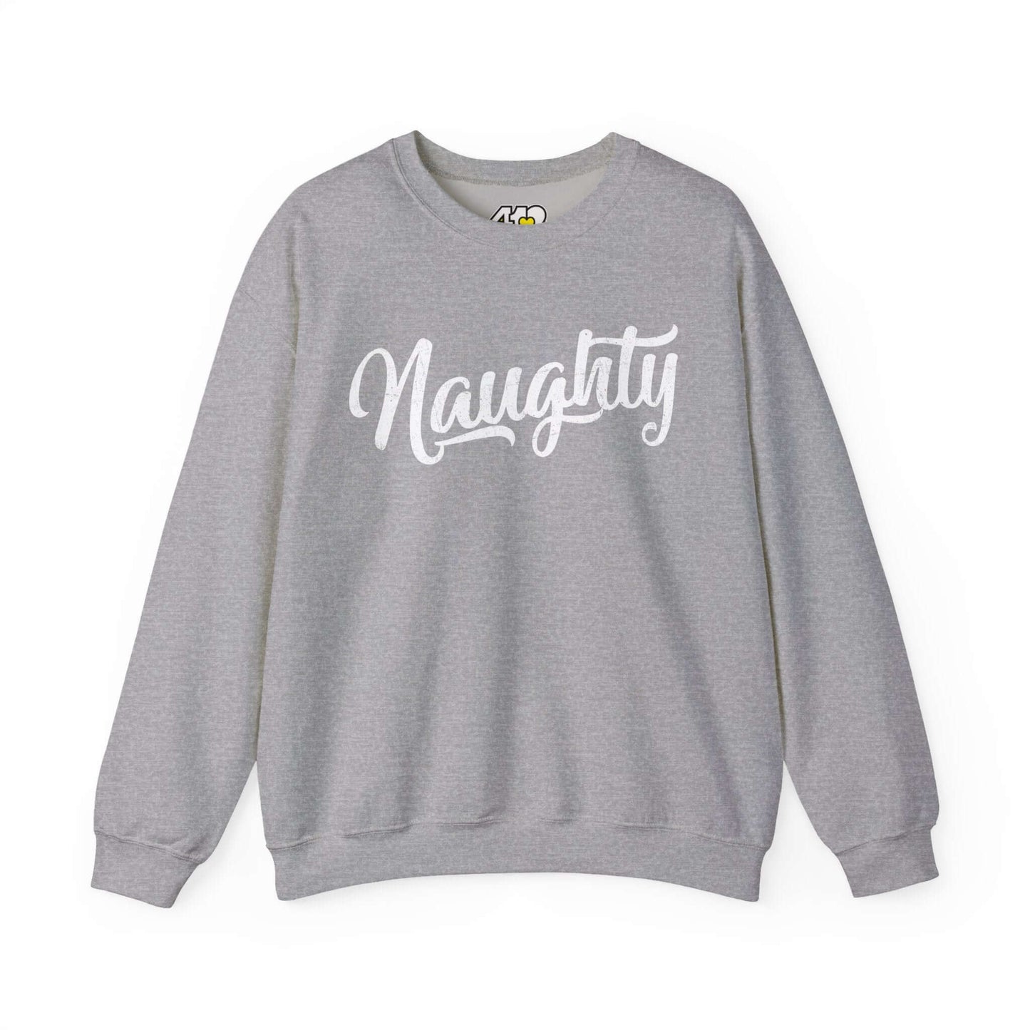 Naughty Sweatshirt | Distressed White Logo. Apparel Color: Sport Grey. A blend of 50% cotton and 50% polyester for cozy durability. With an Elastic ribbed collar, and Double-needle stitching.