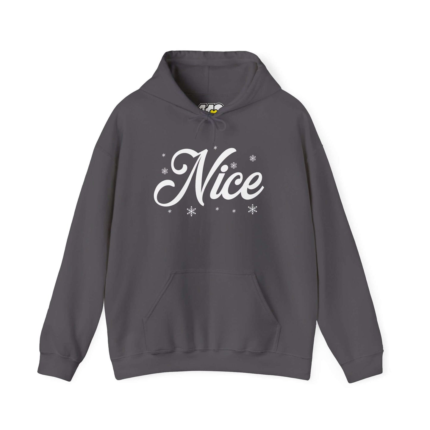 Nice Hoodie | Bold White Logo. Apparel Color: Charcoal. 50/50 cotton-poly blend, cozy fit, kangaroo pocket, adjustable drawstring hood.