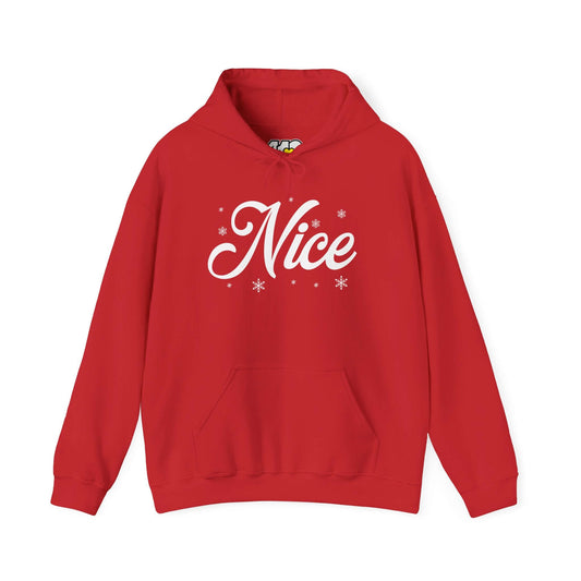 Nice Hoodie | Bold White Logo. Apparel Color: Red. 50/50 cotton-poly blend, cozy fit, kangaroo pocket, adjustable drawstring hood.