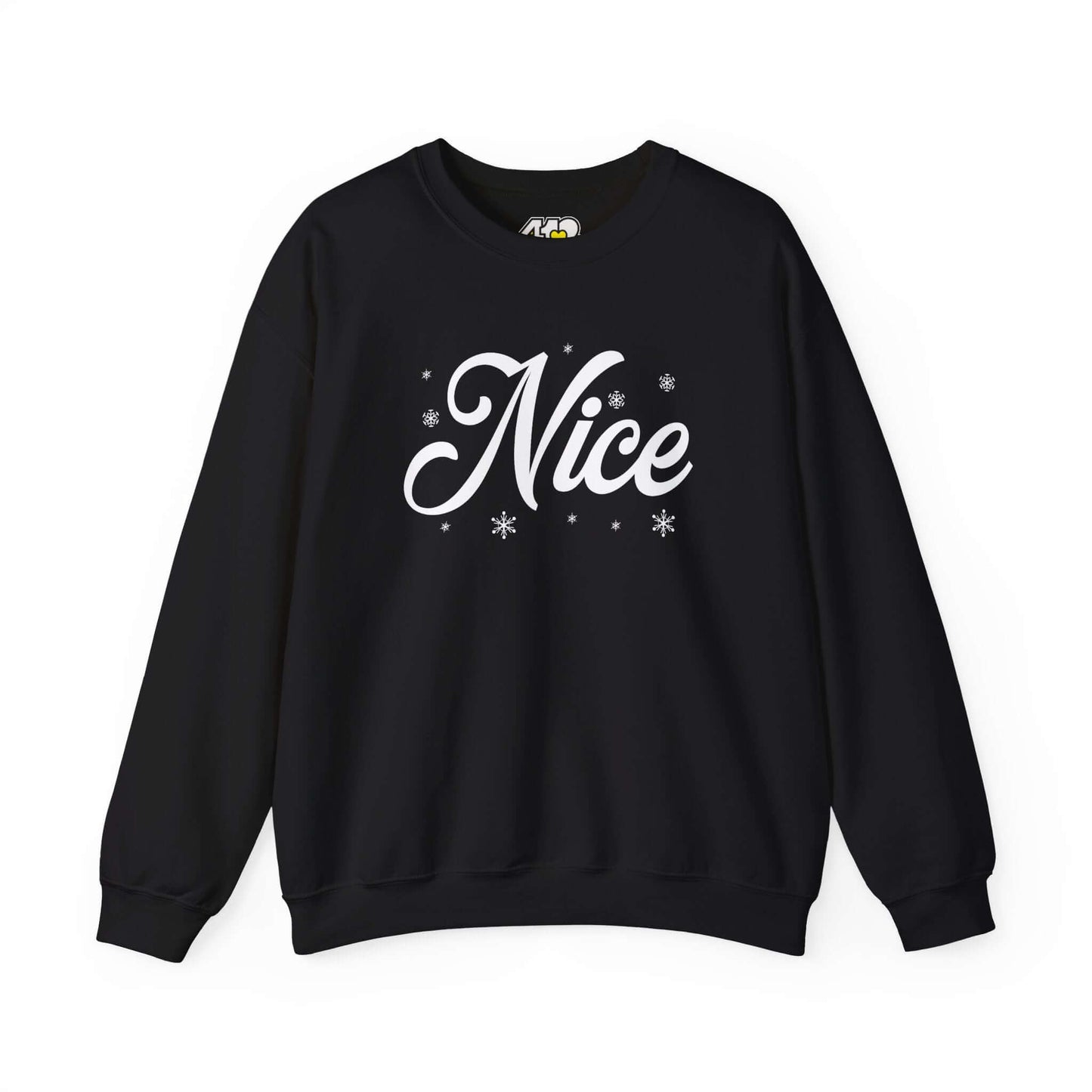Nice Sweatshirt | Bold White Logo. Apparel Color: Black. A blend of 50% cotton and 50% polyester for cozy durability. With an Elastic ribbed collar, and Double-needle stitching.