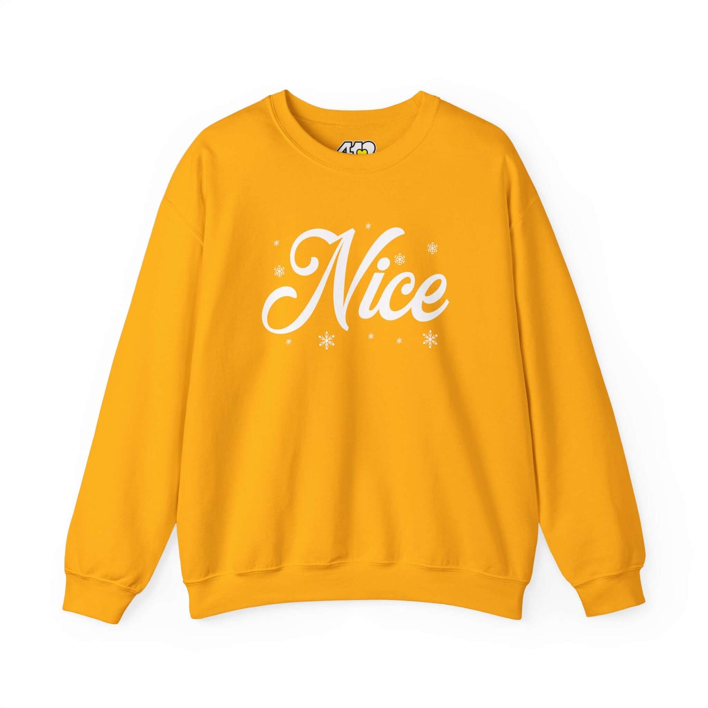 Nice Sweatshirt | Bold White Logo. Apparel Color: Gold. A blend of 50% cotton and 50% polyester for cozy durability. With an Elastic ribbed collar, and Double-needle stitching.