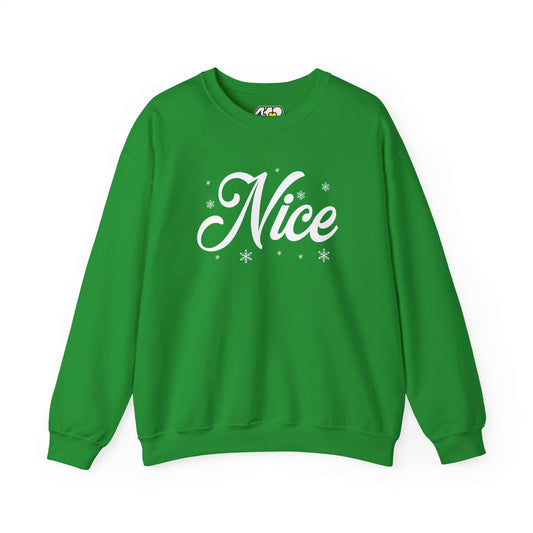 Nice Sweatshirt | Bold White Logo. Apparel Color: Irish Green. A blend of 50% cotton and 50% polyester for cozy durability. With an Elastic ribbed collar, and Double-needle stitching.