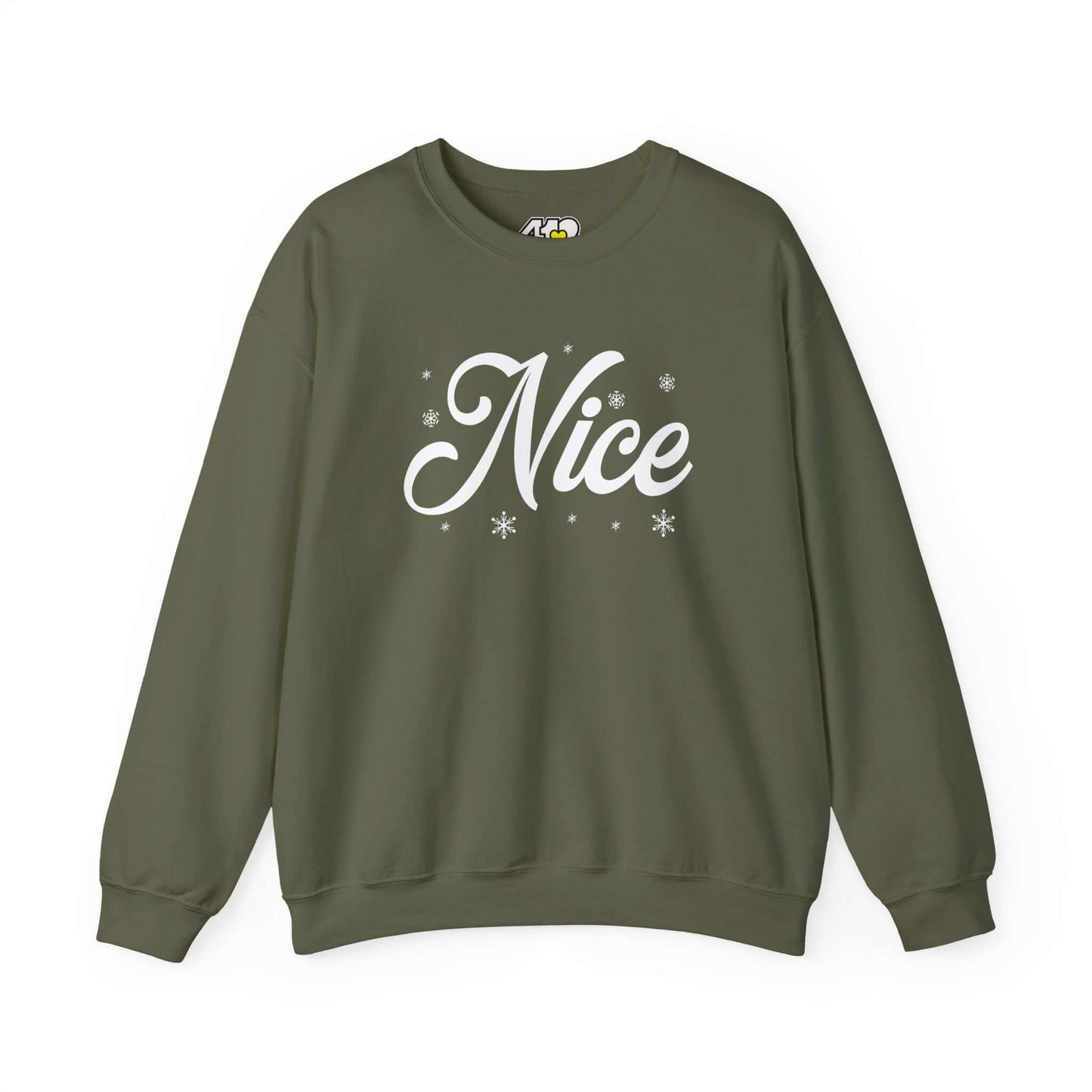Nice Sweatshirt | Bold White Logo. Apparel Color: Military Green. A blend of 50% cotton and 50% polyester for cozy durability. With an Elastic ribbed collar, and Double-needle stitching.