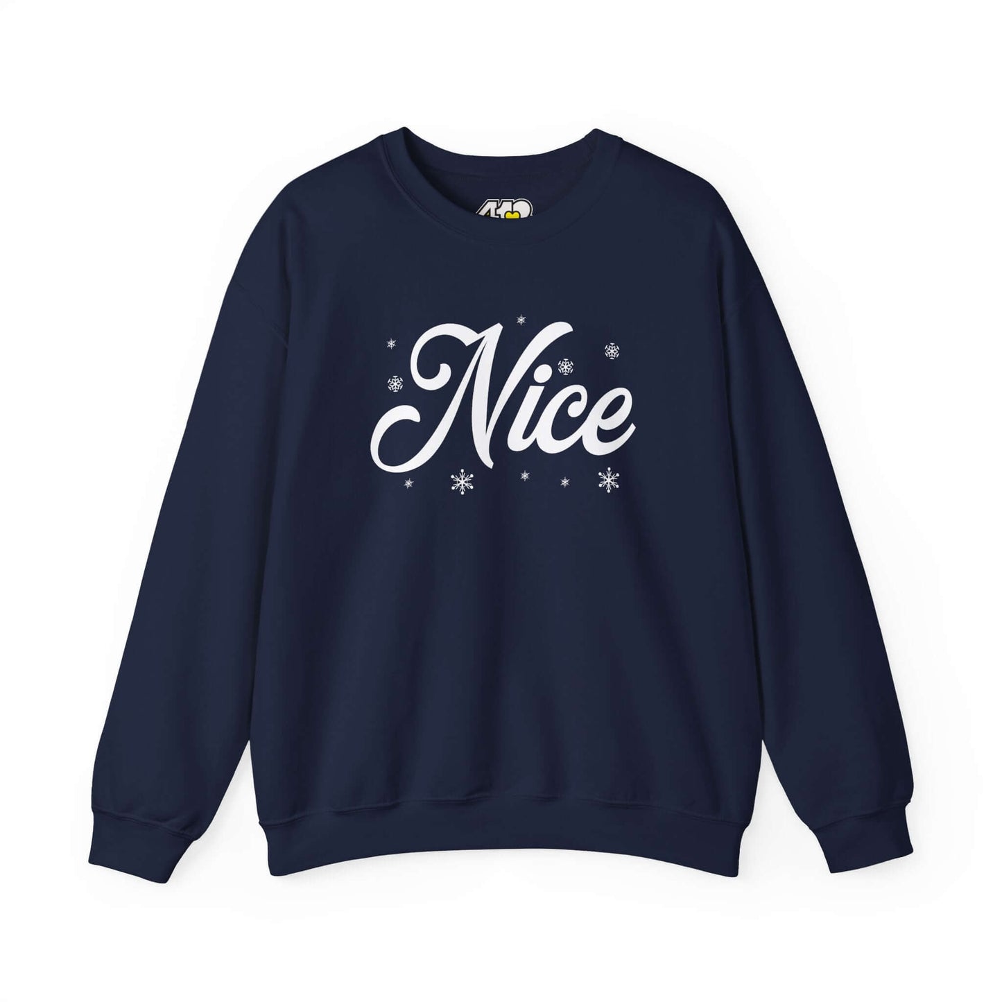 Nice Sweatshirt | Bold White Logo. Apparel Color: Navy. A blend of 50% cotton and 50% polyester for cozy durability. With an Elastic ribbed collar, and Double-needle stitching.