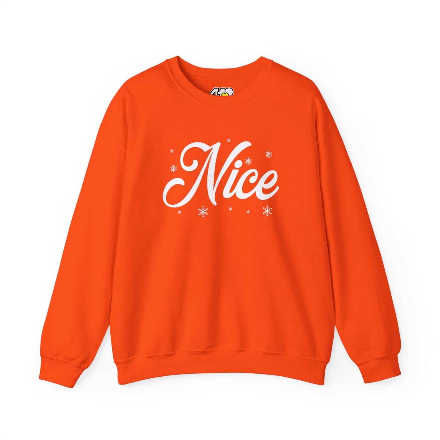 Nice Sweatshirt | Bold White Logo. Apparel Color: Orange. A blend of 50% cotton and 50% polyester for cozy durability. With an Elastic ribbed collar, and Double-needle stitching.