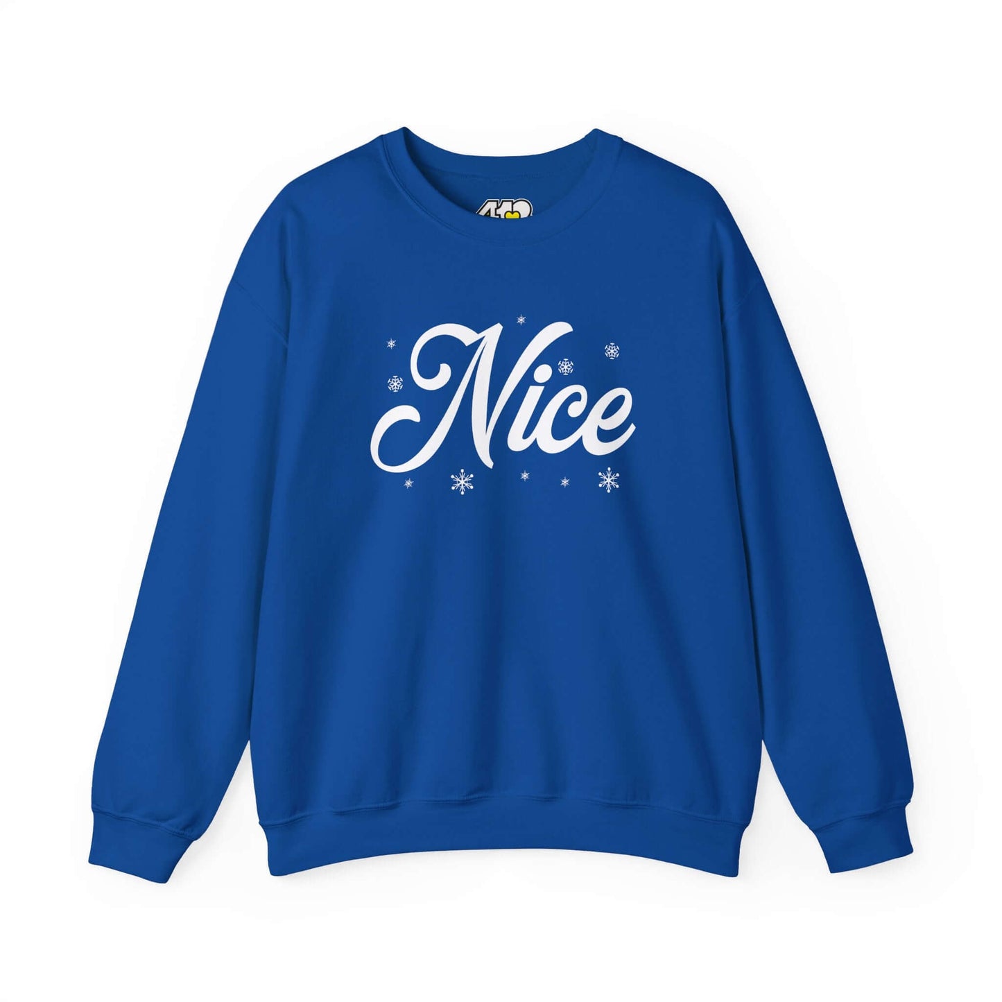 Nice Sweatshirt | Bold White Logo. Apparel Color: Royal. A blend of 50% cotton and 50% polyester for cozy durability. With an Elastic ribbed collar, and Double-needle stitching.