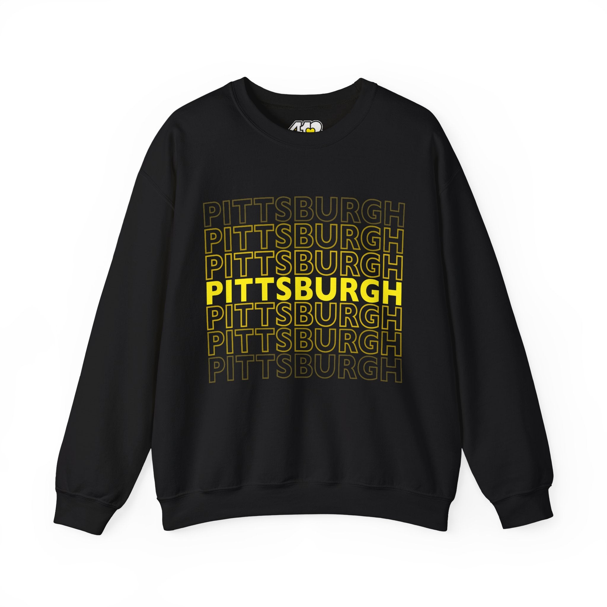 Pittsburgh Crewneck | On Repeat. Apparel Color: Black. A blend of 50% cotton and 50% polyester for cozy durability. With an Elastic ribbed collar, and Double-needle stitching.