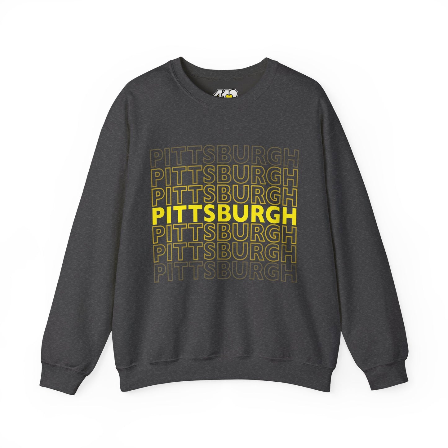 Pittsburgh Crewneck | On Repeat. Apparel Color: Dark Heather. A blend of 50% cotton and 50% polyester for cozy durability. With an Elastic ribbed collar, and Double-needle stitching.