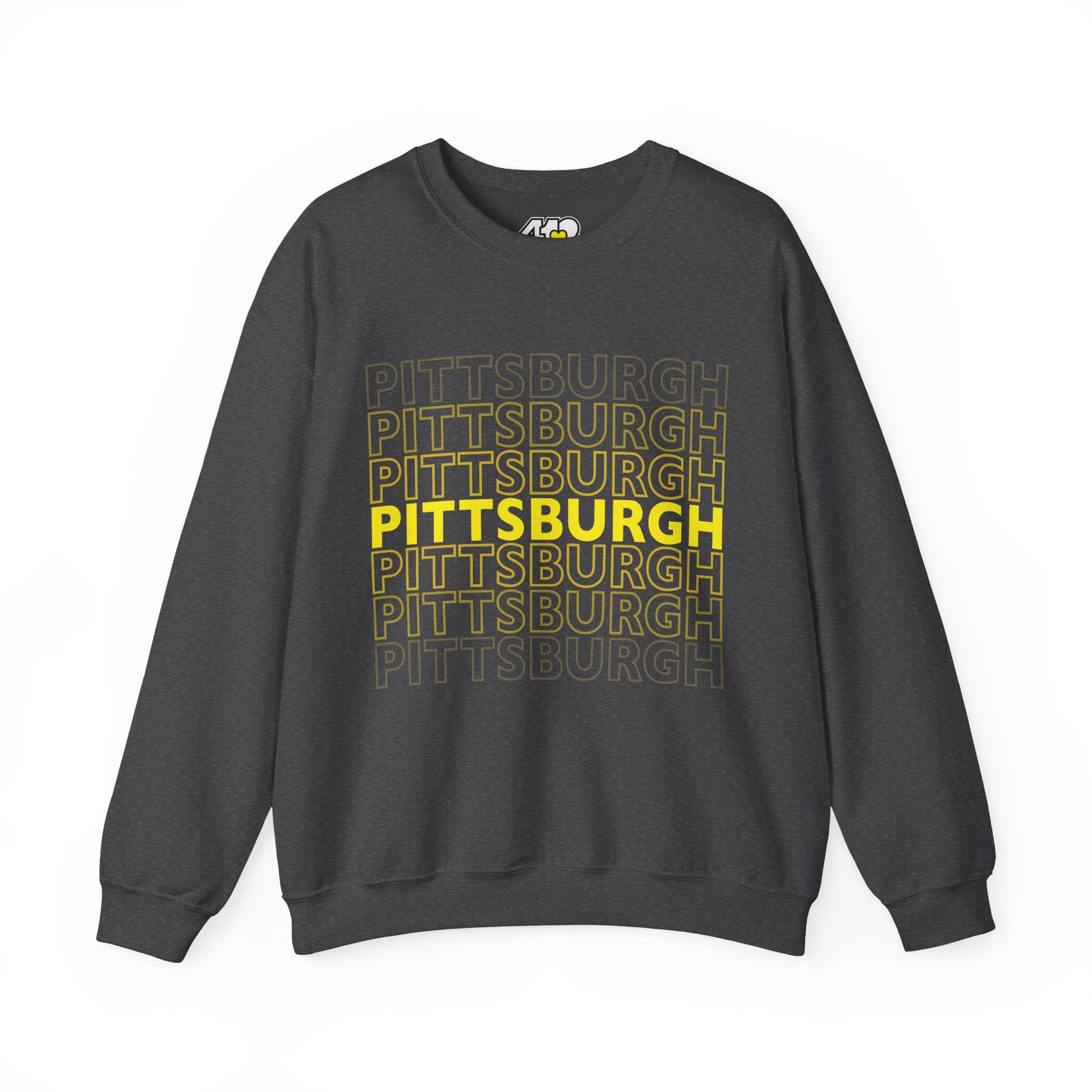 Pittsburgh Crewneck | On Repeat. Apparel Color: Dark Heather. A blend of 50% cotton and 50% polyester for cozy durability. With an Elastic ribbed collar, and Double-needle stitching.