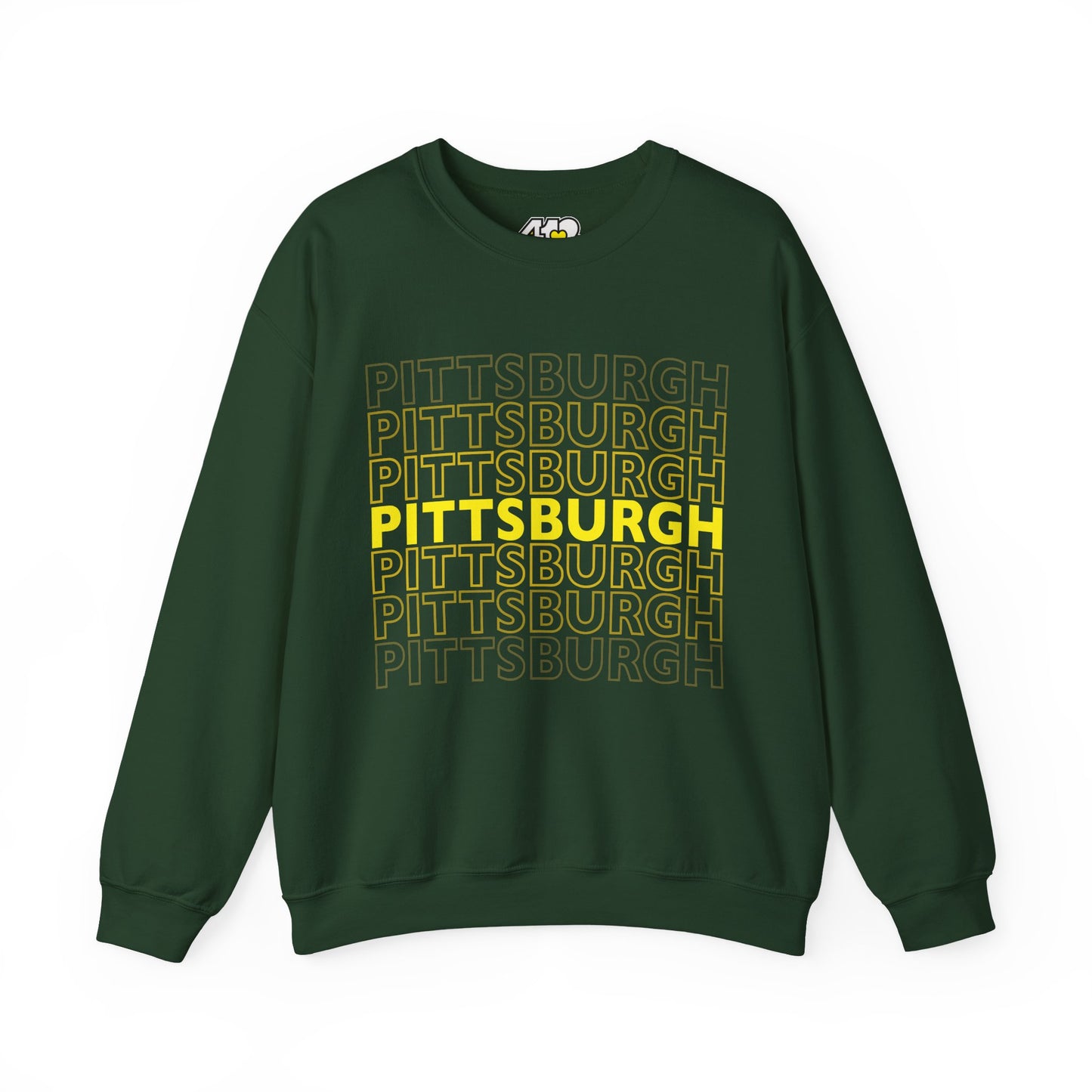 Pittsburgh Crewneck | On Repeat. Apparel Color: Forest Green. A blend of 50% cotton and 50% polyester for cozy durability. With an Elastic ribbed collar, and Double-needle stitching.