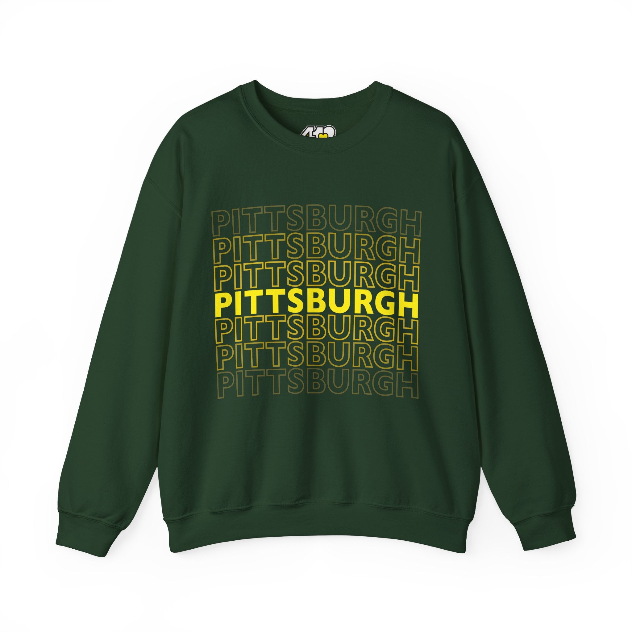 Pittsburgh Crewneck | On Repeat. Apparel Color: Forest Green. A blend of 50% cotton and 50% polyester for cozy durability. With an Elastic ribbed collar, and Double-needle stitching.