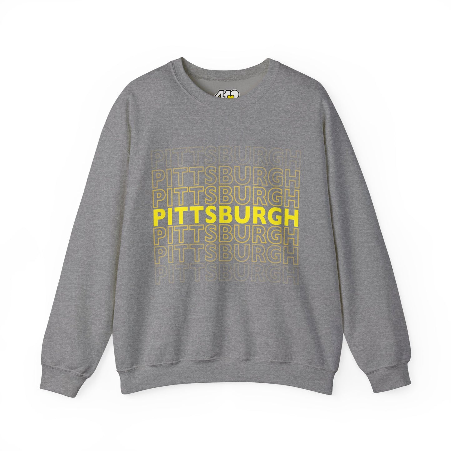Pittsburgh Crewneck | On Repeat. Apparel Color: Graphite Heather. A blend of 50% cotton and 50% polyester for cozy durability. With an Elastic ribbed collar, and Double-needle stitching.