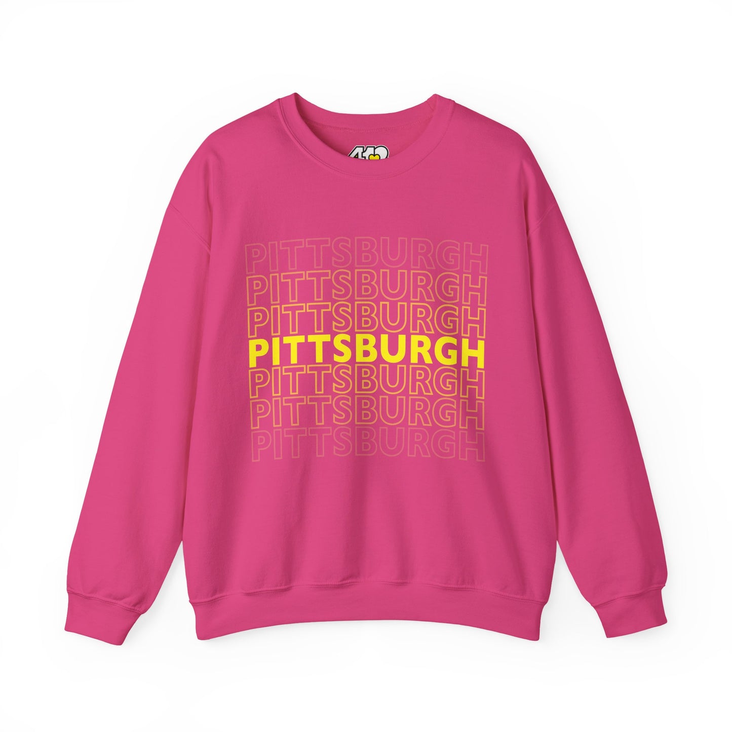 Pittsburgh Crewneck | On Repeat. Apparel Color: Heliconia. A blend of 50% cotton and 50% polyester for cozy durability. With an Elastic ribbed collar, and Double-needle stitching.