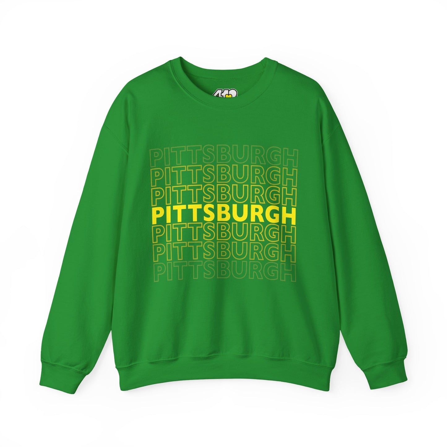 Pittsburgh Crewneck | On Repeat. Apparel Color: Irish Green. A blend of 50% cotton and 50% polyester for cozy durability. With an Elastic ribbed collar, and Double-needle stitching.