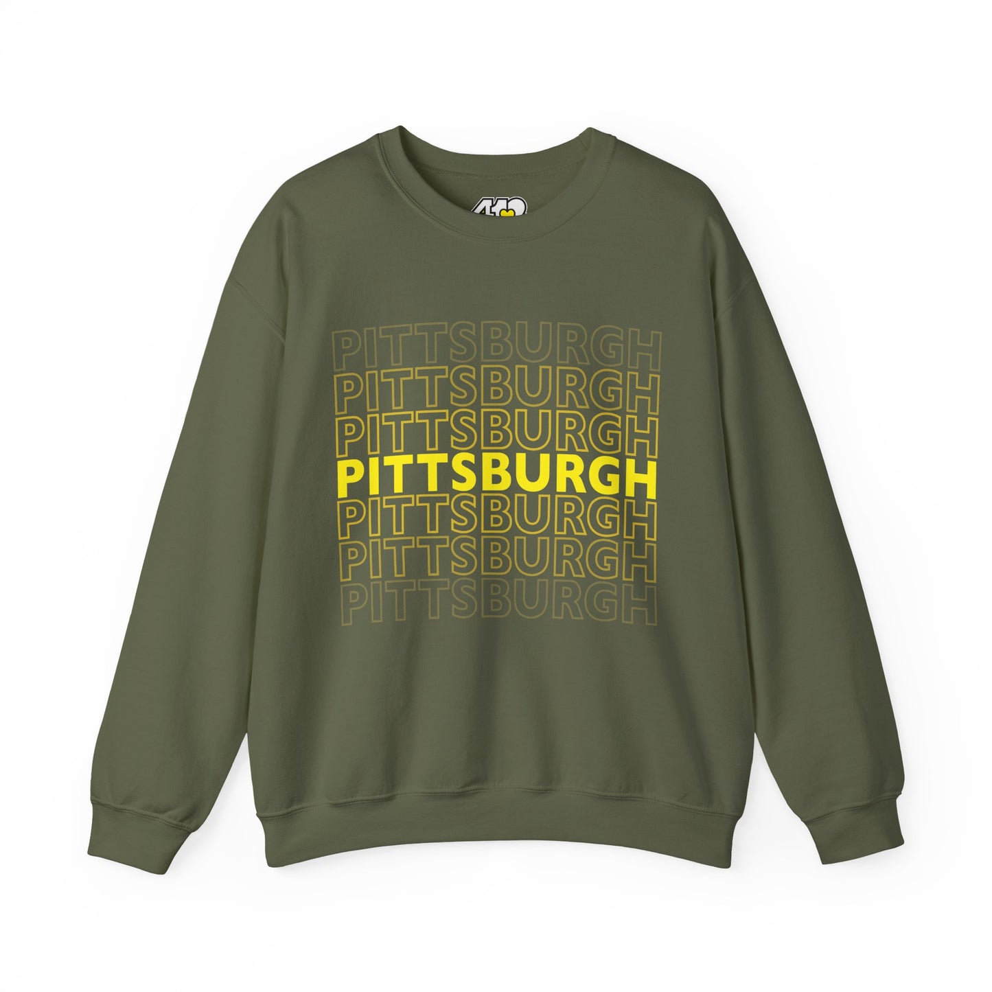 Pittsburgh Crewneck | On Repeat. Apparel Color: Military Green. A blend of 50% cotton and 50% polyester for cozy durability. With an Elastic ribbed collar, and Double-needle stitching.