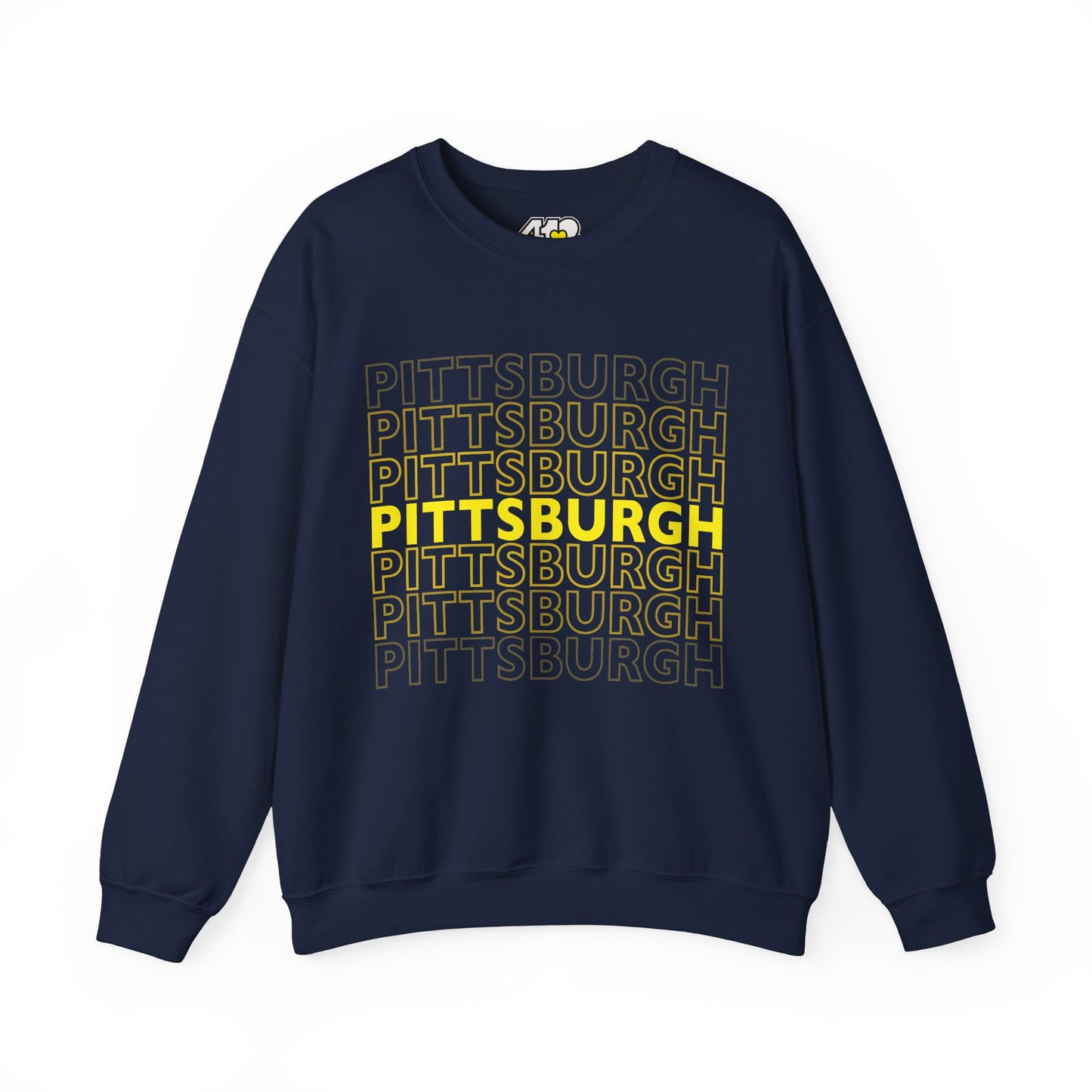 Pittsburgh Crewneck | On Repeat. Apparel Color: Navy. A blend of 50% cotton and 50% polyester for cozy durability. With an Elastic ribbed collar, and Double-needle stitching.