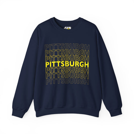 Pittsburgh Crewneck | On Repeat. Apparel Color: Navy. A blend of 50% cotton and 50% polyester for cozy durability. With an Elastic ribbed collar, and Double-needle stitching.