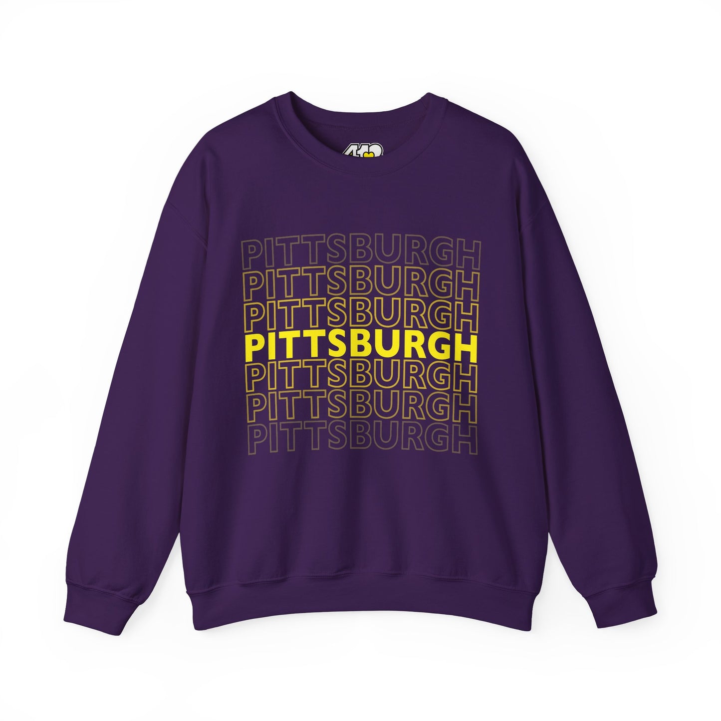 Pittsburgh Crewneck | On Repeat. Apparel Color: Purple. A blend of 50% cotton and 50% polyester for cozy durability. With an Elastic ribbed collar, and Double-needle stitching.