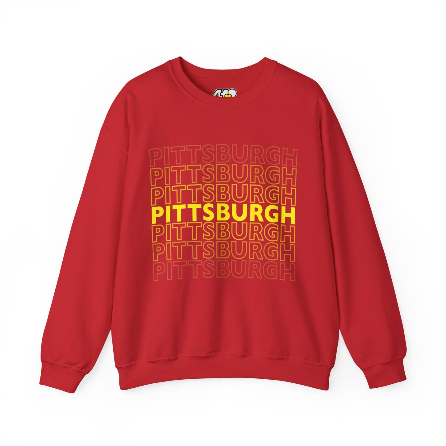 Pittsburgh Crewneck | On Repeat. Apparel Color: Red. A blend of 50% cotton and 50% polyester for cozy durability. With an Elastic ribbed collar, and Double-needle stitching.