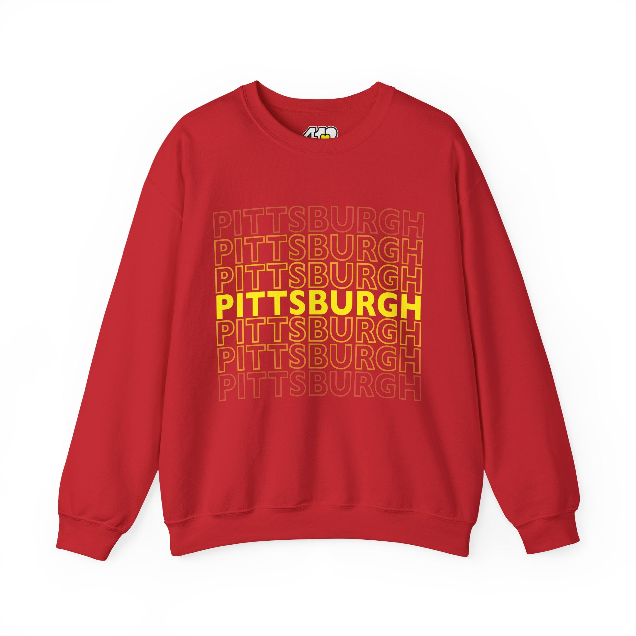 Pittsburgh Crewneck | On Repeat. Apparel Color: Red. A blend of 50% cotton and 50% polyester for cozy durability. With an Elastic ribbed collar, and Double-needle stitching.