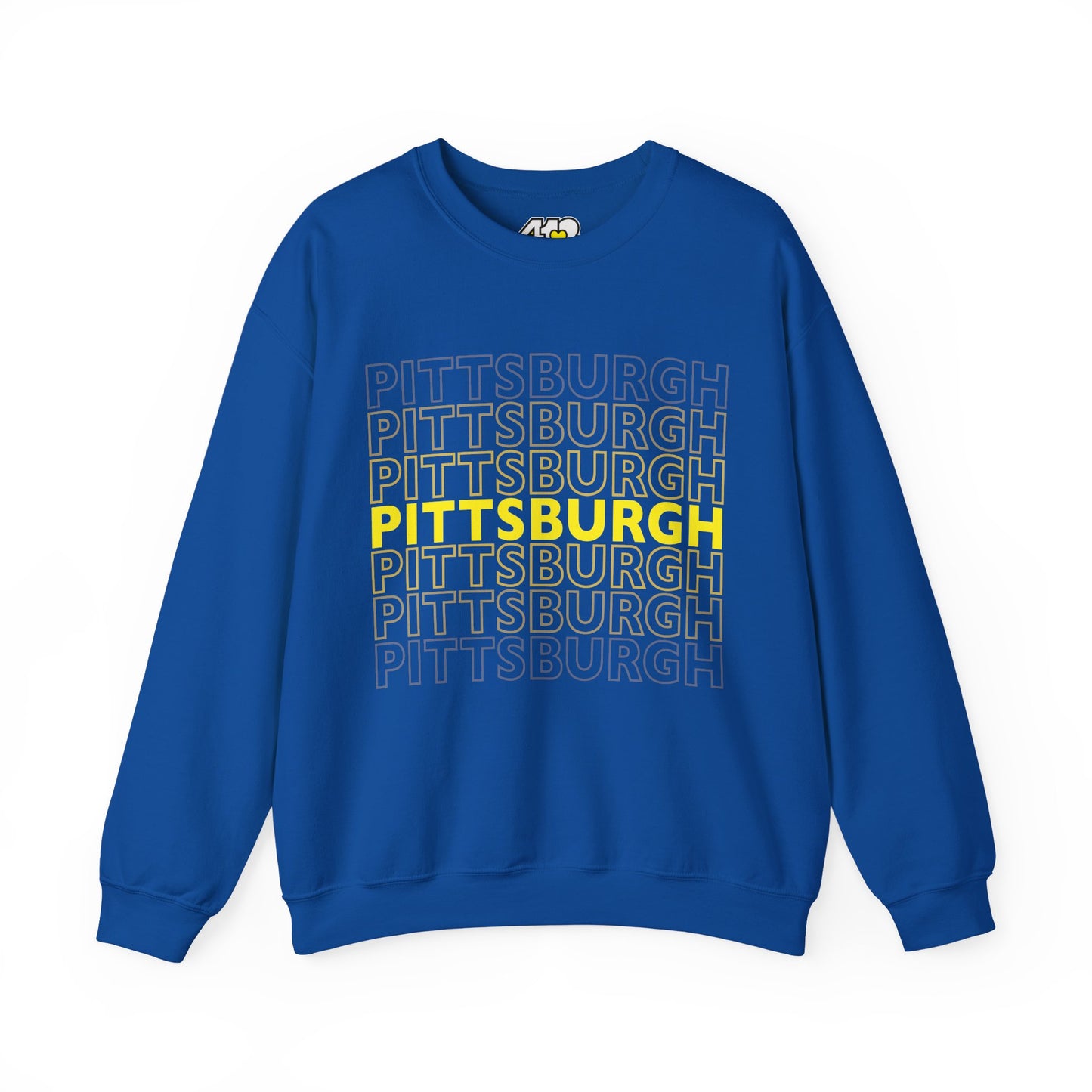Pittsburgh Crewneck | On Repeat. Apparel Color: Royal. A blend of 50% cotton and 50% polyester for cozy durability. With an Elastic ribbed collar, and Double-needle stitching.