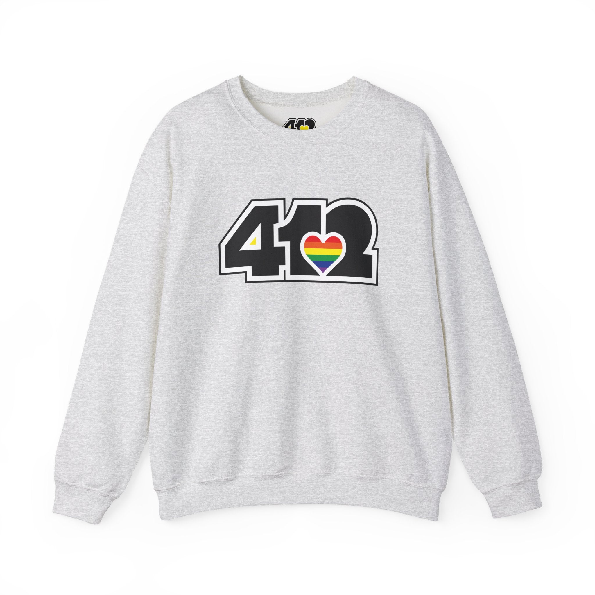 Pittsburgh Crewneck Sweatshirt | Black Rainbow 412 Logo. Apparel Color: Ash. A blend of 50% cotton and 50% polyester for cozy durability. With an Elastic ribbed collar, and Double-needle stitching.