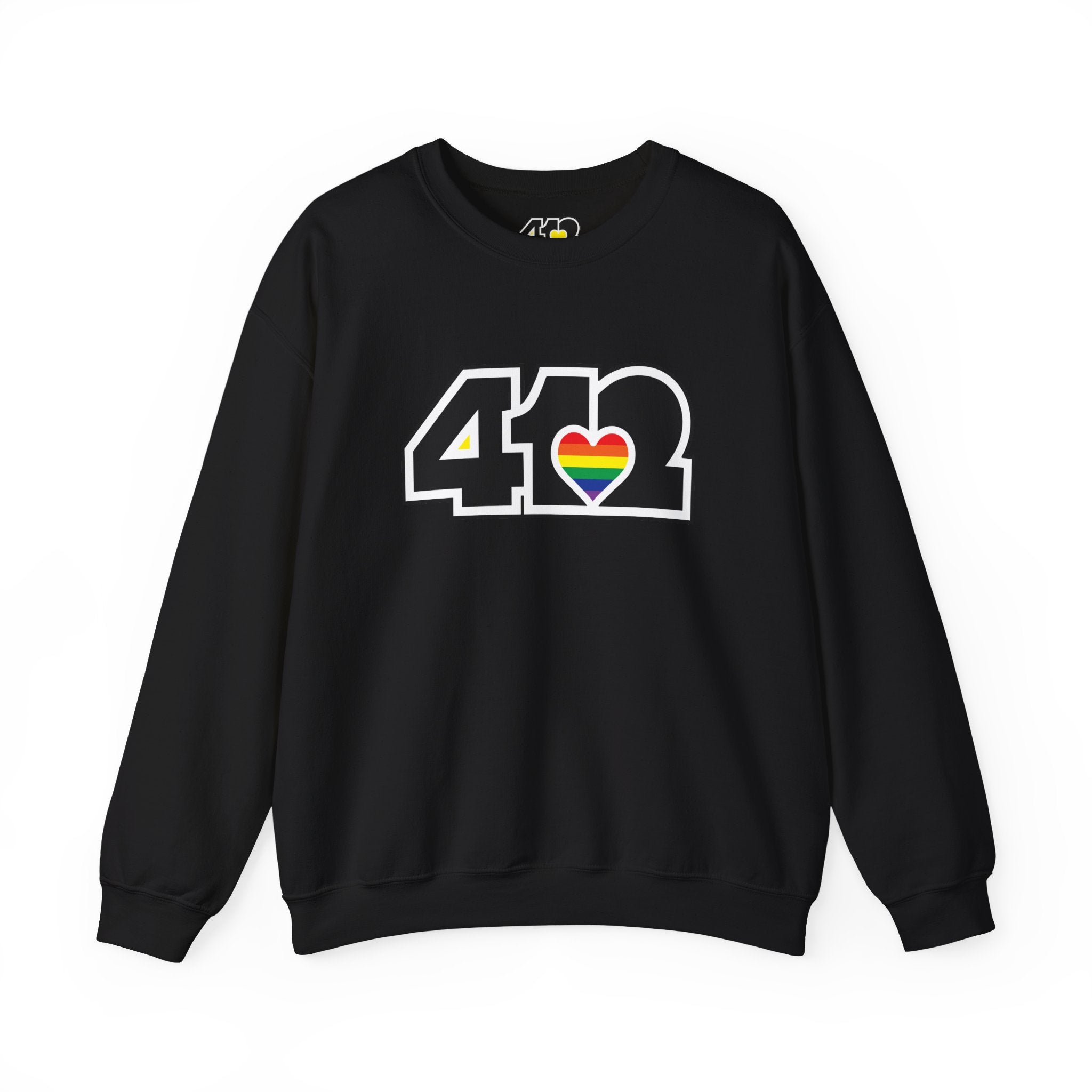 Pittsburgh Crewneck Sweatshirt | Black Rainbow 412 Logo. Apparel Color: Black. A blend of 50% cotton and 50% polyester for cozy durability. With an Elastic ribbed collar, and Double-needle stitching.
